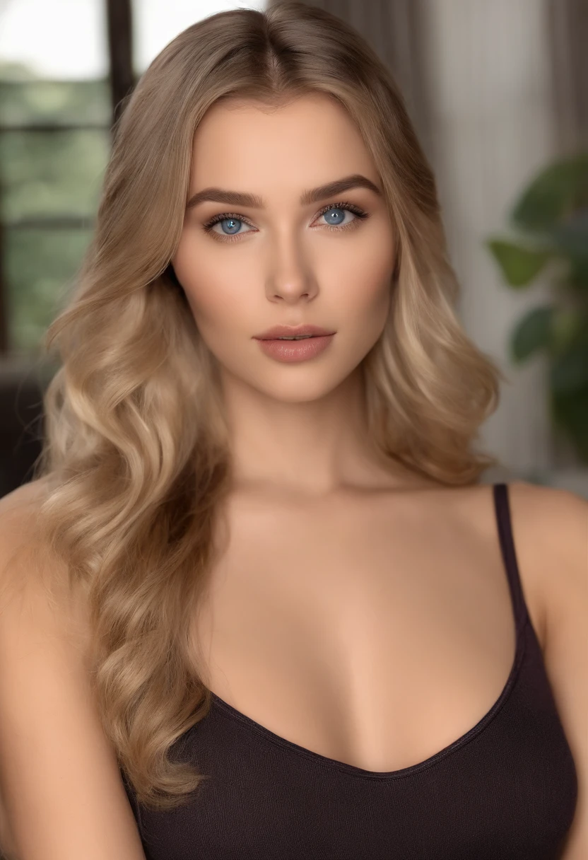 Arafed Full Woman, Sexy Girl with Blue Eyes, , Ultra Realistic, Meticulously Detailed, Portrait of Sophie Mudd, Blonde Hair and Big Eyes, Selfie of a Young Woman, Bedroom Eyes, Violet Myers, No Makeup, Natural Makeup, Looking Directly at the Camera, face artgram, subtle make-up, Impressive photo of the whole body kneeling on the bed, In the bedroom, Medium and large size chest, allowing the face to be seen clearly, portrait