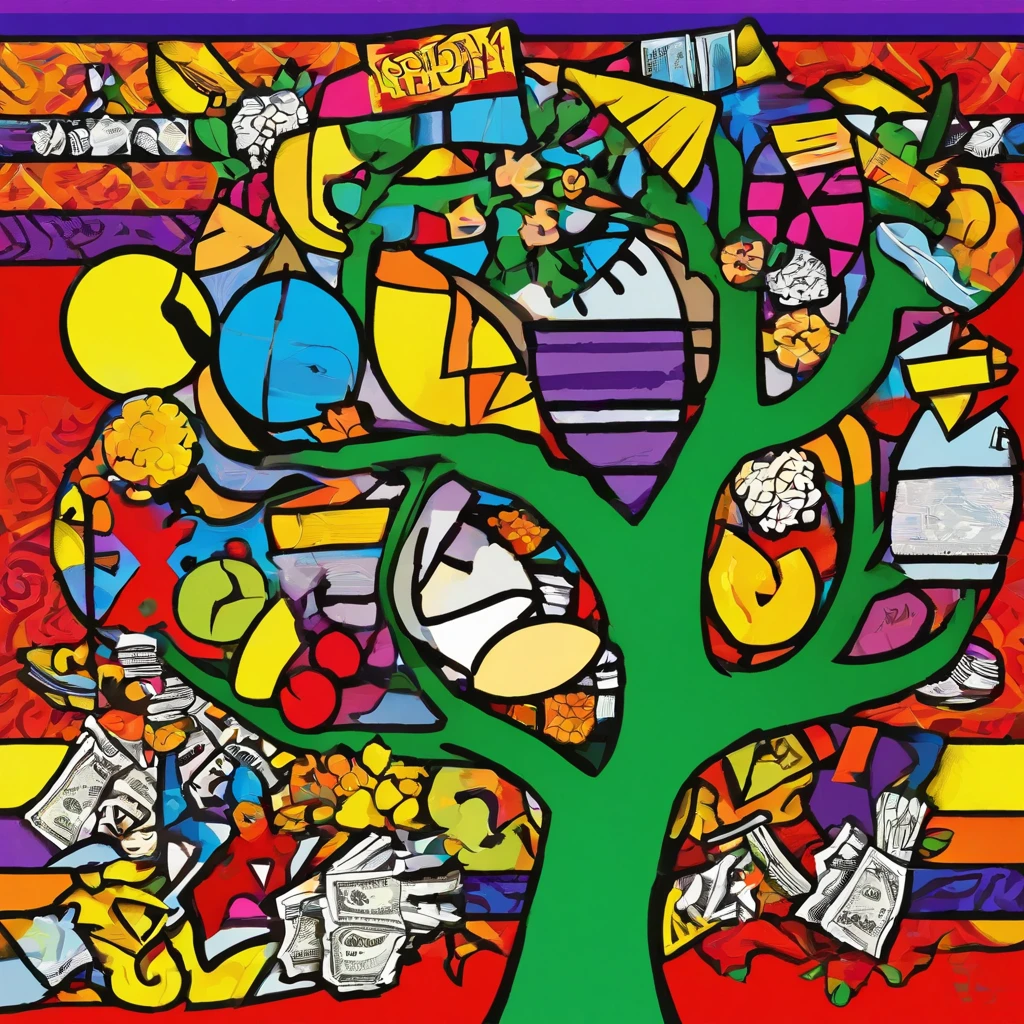 a painting of a man holding a bag of money under a tree, ๐ฟ๐๐, rich tree, ๐๐คก, by Harry Beckhoff, ๐๐๐คฉ, ๐ช ๐จ;๐๐, high quality picture, capitalist, wealthy, wealth, nft art, vintage art, ๐ฟ๐ธ๐, by Romero Britto
