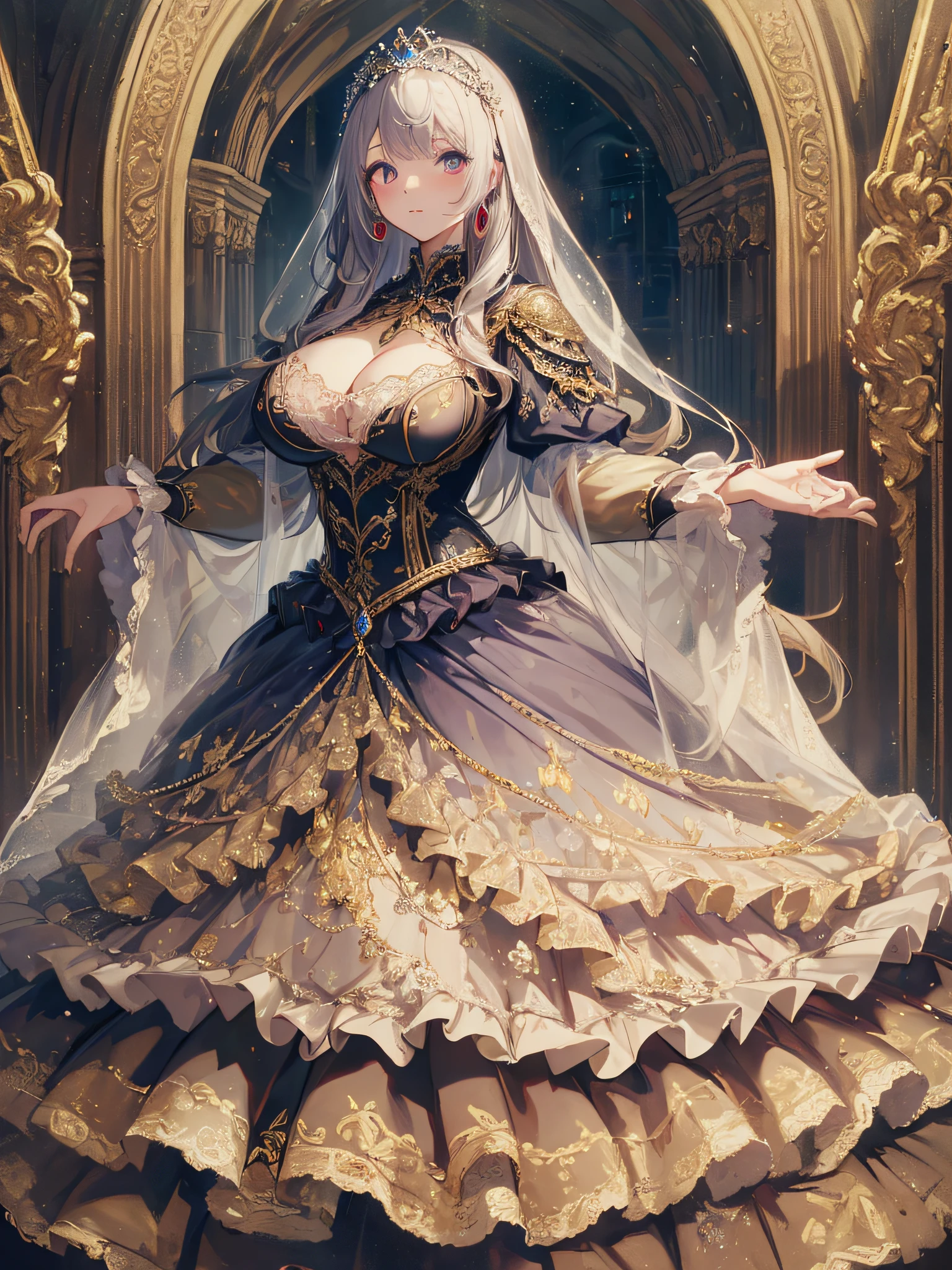 ((anime artstyle)),(Masterpiece),(Best Quality), (Super Detail),(Highly Detailed CG Unity 8k wallpaper),((Very Delicate and Beautiful)),cinematic lighting,1 girl,((full body portrait)),((standing in garden)),((solo)),(((1 fairytale princess in gorgeous embroidery and jeweled extremely gorgeous rococo princess ballgown with voluminous full length hoop skirt))),an hourglass waist,padded and corseted bodice,(((huge crinoline hoopskirt))),long train,((gorgeous embroidery and jeweled)),voluminous frills,See-through,(((extremely gigantic tits,skindentation))),cleavage,((absurdly Long Straight Hair,extremely voluminous Straight long Hair,absurdly Long Straight Hair)),(finely detailed face and eyes),(Blush,Smile),clear pupil,extremely gorgeousfull hair ornament,(bling-bling jeweled extremely gorgeousfull tiara),((bling-bling gorgeous gemstone jewelry)),gorgeous long veil,((ultra long gloves)),(beautiful background),(full body),((gorgeous embroidery and jeweled extremely gorgeous rococo princess ballgown with voluminous full length hoop skirt))