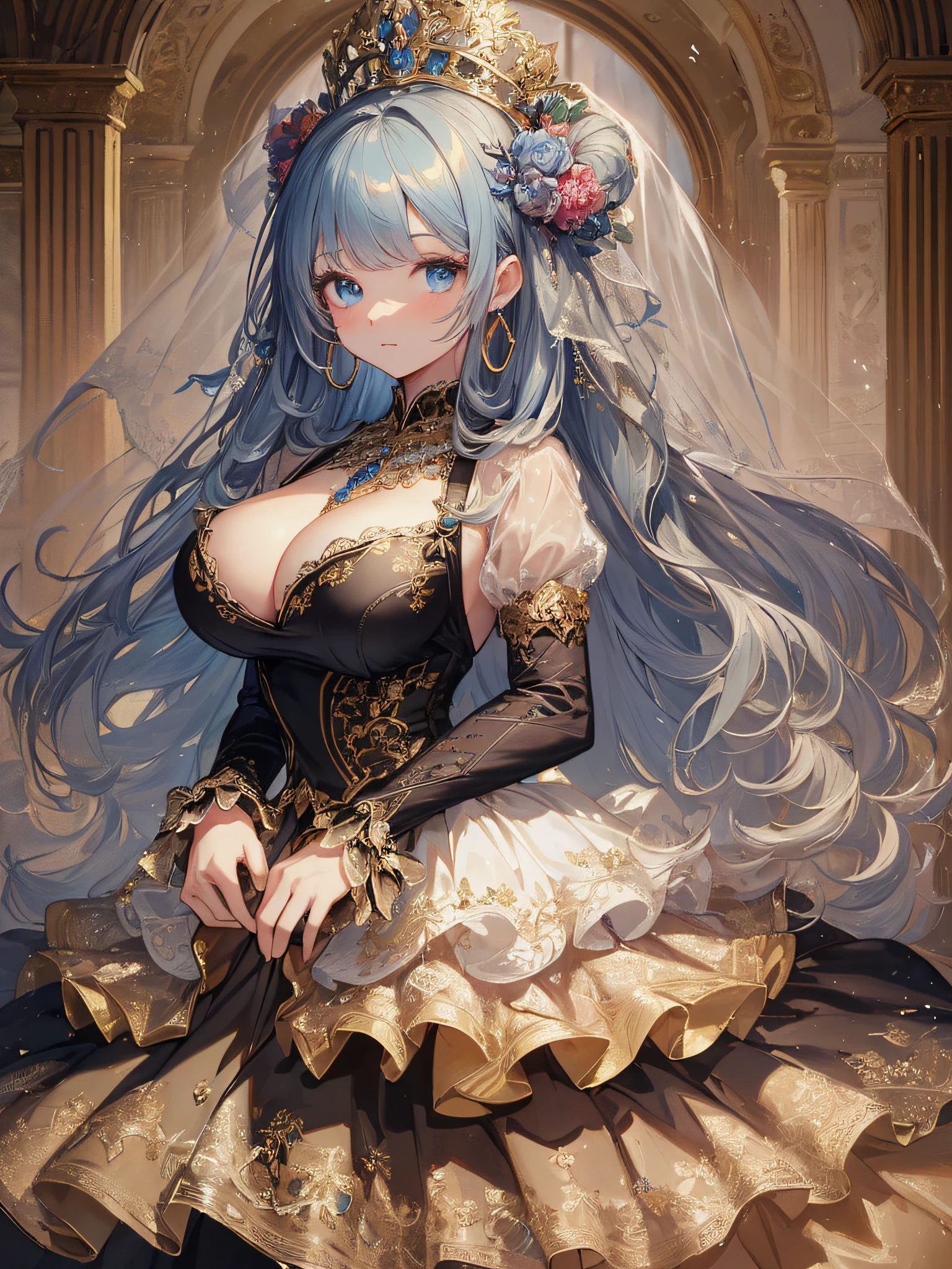 ((anime artstyle)),(Masterpiece),(Best Quality), (Super Detail),((Very Delicate and Beautiful)),cinematic lighting,1 girl,(((full body portrait))),standing in palace,((solo)),digital art,(((1 princess in gorgeous princess rococo ballgown with voluminous full length hoop skirt))),crinoline,long train,((beautiful embroidery and jeweled)),voluminous frills,See-through,(gorgeous embroidery and beautiful lace),(((gigantic tits,skindentation))),((large amount of straight hair,extremely voluminous Hair,Very Long Straight Hair)),((finely detailed face and eyes)),clear pupil,extremely gorgeousfull hair ornament,(bling-bling jeweled extremely gorgeousfull tiara),(bling-bling gorgeous gemstone jewelry),long veil,(beautiful background),full body,((gorgeous princess rococo ballgown with voluminous full length hoop skirt))