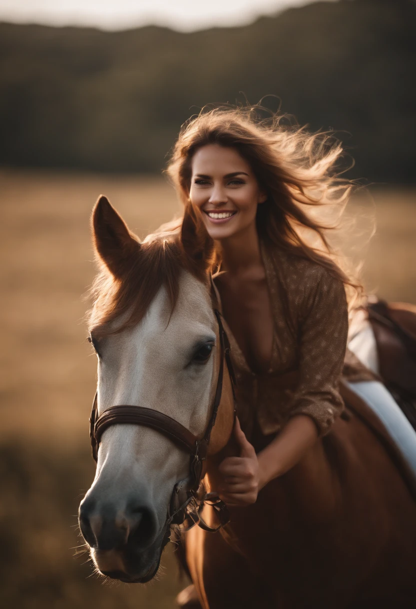 Femme sexy souriante sur un cheval dans la prairie