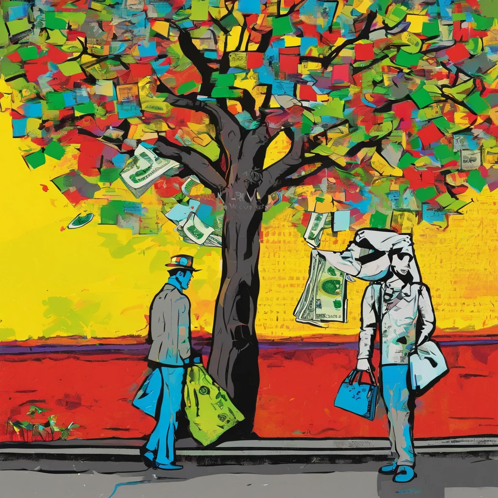 a painting of a man holding a bag of money under a tree, 🚿🗝📝, rich tree, 🔞🤡, by alec monopoly,