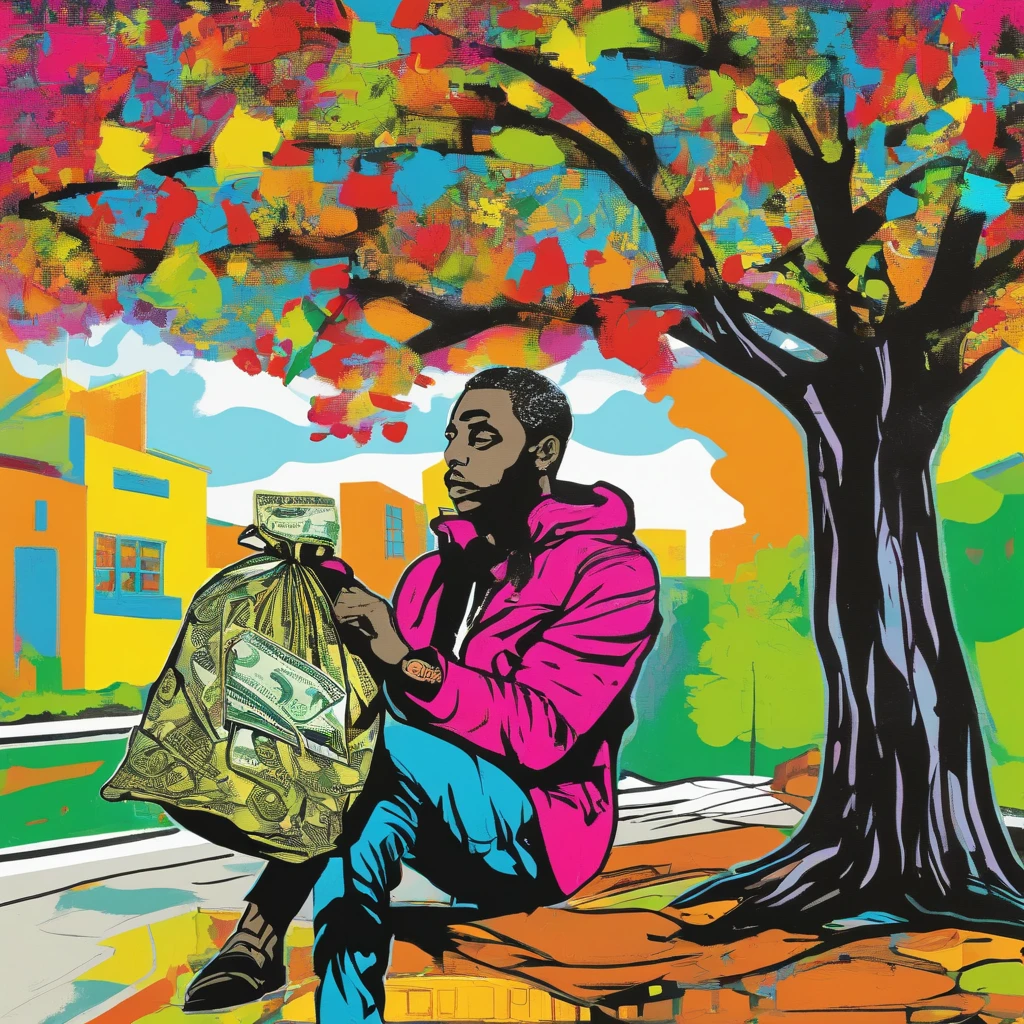 a painting of a man holding a bag of money under a tree, ๐ฟ๐๐, rich tree, ๐๐คก, by alec monopoly,