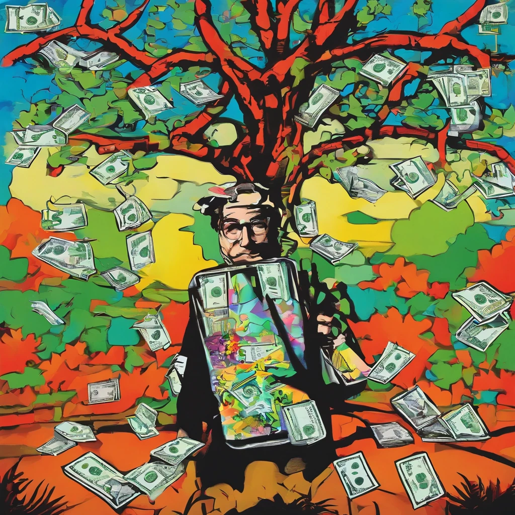 a painting of a man holding a bag of money under a tree, 🚿🗝📝, rich tree, 🔞🤡, by alec monopoly,