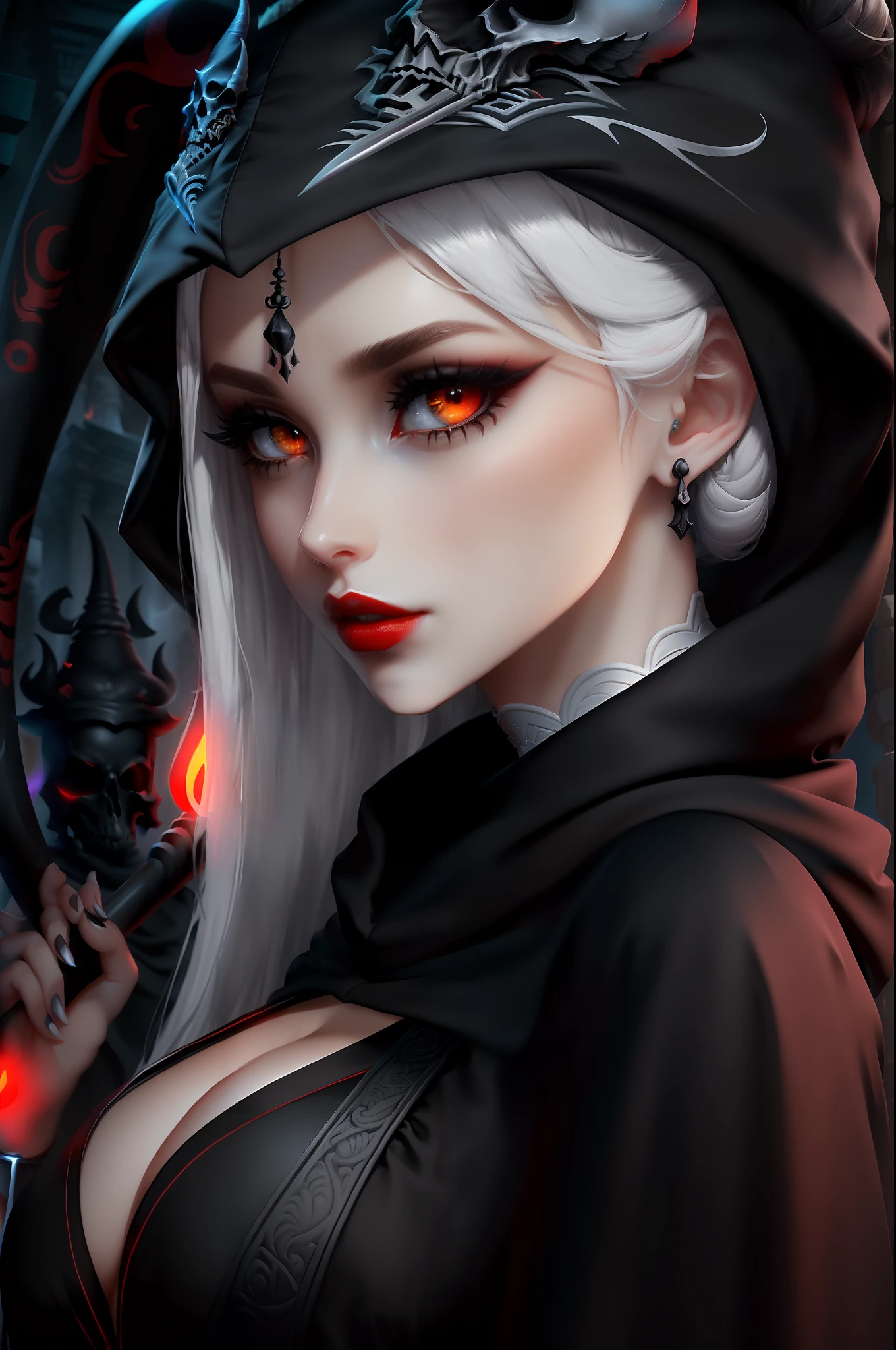 ((Beautiful goddess of death))(she has big glowing yellow eyes)(white pale skin)(red lips) (very long straight platinum hair)((very huge breasts)) (perfect slim body) (she wears, black hood, black long sexy robe and long black stockings)(hold on hand a giant scythe ornamented with bones)(she is inside a dark and goomy temple) (high definition, volumetric lights and dinamic shadows)((masterpiece))(8k)(perfect face)(ultra details) (perfect hands, eyes, and face)