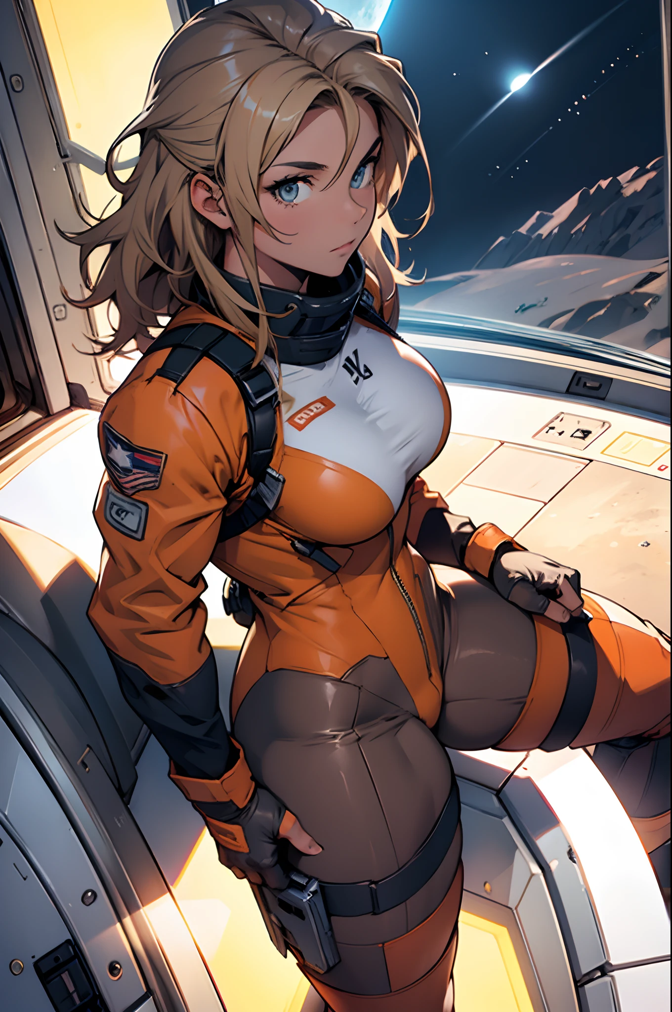 sandy hair muscular large breasts thick thighs pilot suit solo looking at viewer on the moon