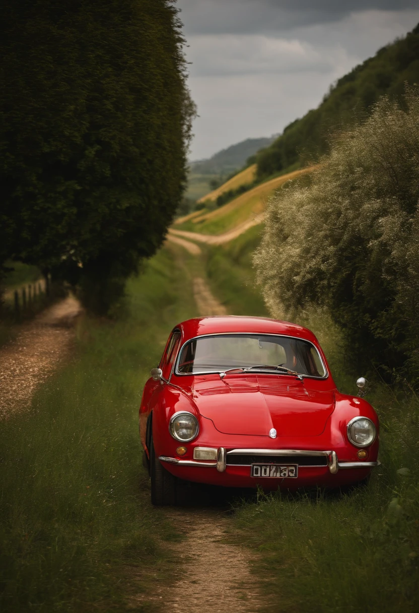 una macchina rossa stile maggiolino su una strada di campagna