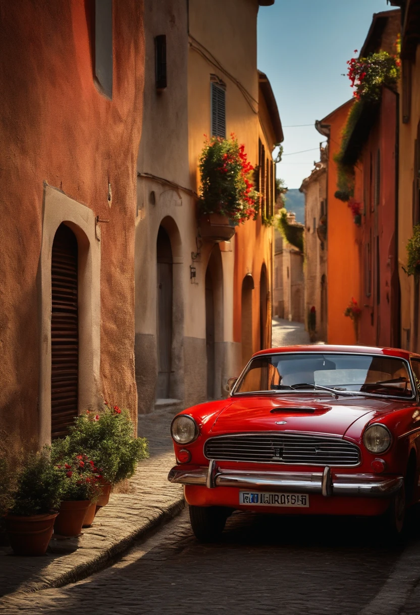 una macchina rossa stile maggiolino su una strada di campagna