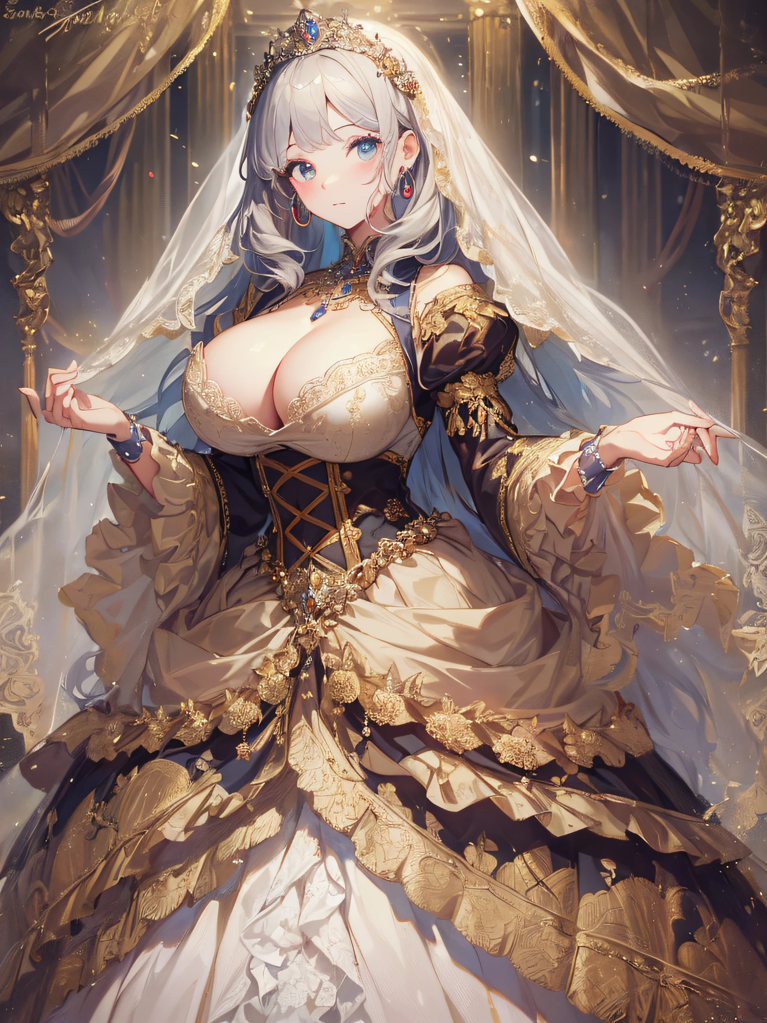 ((anime artstyle)),(Masterpiece),(Best Quality), (Super Detail),((Very Delicate and Beautiful)),cinematic lighting,1 girl,(((full body portrait))),standing in palace,((solo)),digital art,(((1 princess in gorgeous princess rococo ballgown with voluminous full length hoop skirt))),crinoline,long train,((beautiful embroidery and jeweled)),voluminous frills,See-through,(gorgeous embroidery and beautiful lace),(((gigantic tits,skindentation))),((large amount of straight hair,extremely voluminous Hair,Very Long Straight Hair)),((finely detailed face and eyes)),clear pupil,extremely gorgeousfull hair ornament,(bling-bling jeweled extremely gorgeousfull tiara),(bling-bling gorgeous gemstone jewelry),long veil,(beautiful background),full body,((gorgeous princess rococo ballgown with voluminous full length hoop skirt))