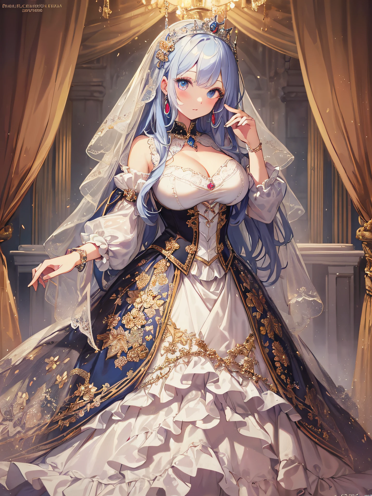 ((anime artstyle)),(Masterpiece),(Best Quality), (Super Detail),((Very Delicate and Beautiful)),(((Solo))),((full body)),standing,(((1 bling-bling princess in beautiful embroidery and jeweled gorgeous See-through wedding ball gown dress with voluminous full length hoop skirt))),bling-bling,Long train,(bling-bling gorgeous gemstone jewelry),detailed face and eyes,jewel-like eyes,cry,((embarrassed)),anguish,((large amount of straight hair,extremely voluminous Very Long Hair,Very Long Straight Hair)),(((gigantic tits,Long tits))),cleavage,(gorgeousfull embroidery and lace),gorgeous corsage,See-through,extremely gorgeousfull hair ornament,((bling-bling extremely gorgeousfull jeweled tiara)),(long bridal veil),ornate ruffles,(hoop skirt,crinoline),white lily flowers, flower petals flowing,((Dynamic Angle)),Looking at viewer,((full body)),((beautiful embroidery and jeweled extremely gorgeous See-through wedding ball gown dress with voluminous full length hoop skirt))