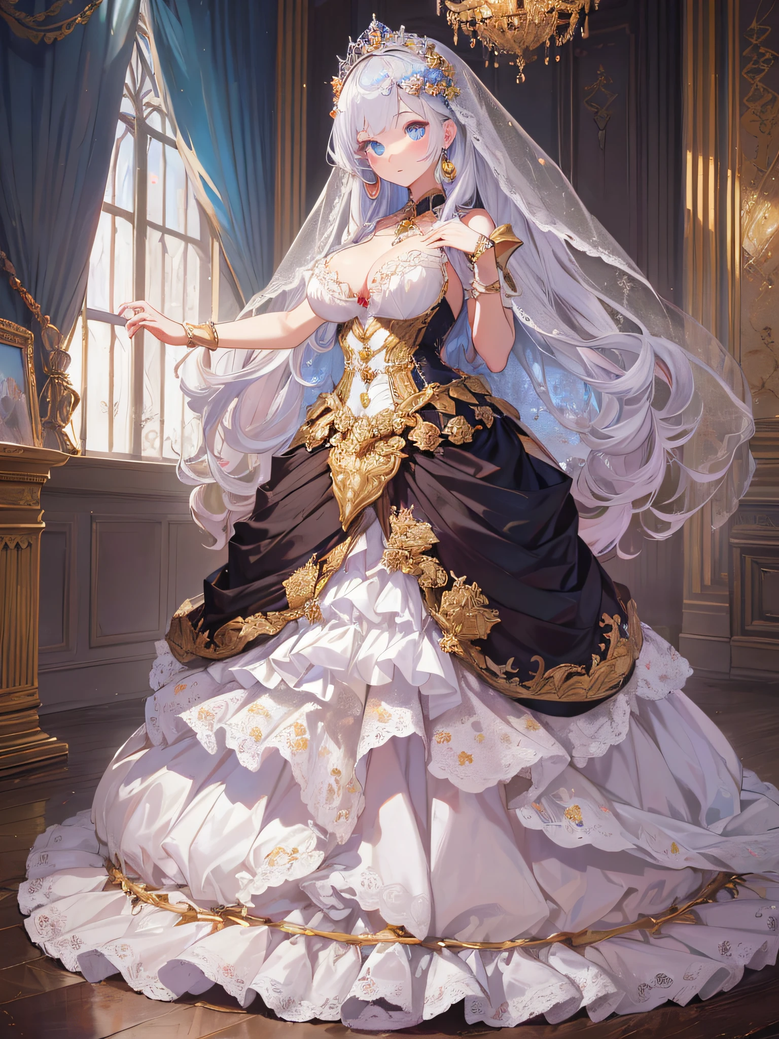((anime artstyle)),(Masterpiece),(Best Quality), (Super Detail),((Very Delicate and Beautiful)),cinematic lighting,1 girl,(((full body portrait))),standing in palace,((solo)),digital art,(((1 princess in gorgeous princess rococo ballgown with voluminous full length hoop skirt))),crinoline,long train,((beautiful embroidery and jeweled)),voluminous frills,See-through,(gorgeous embroidery and beautiful lace),(((gigantic tits,skindentation))),((large amount of straight hair,extremely voluminous Hair,Very Long Straight Hair)),((finely detailed face and eyes)),clear pupil,extremely gorgeousfull hair ornament,(bling-bling jeweled extremely gorgeousfull tiara),(bling-bling gorgeous gemstone jewelry),long veil,(beautiful background),full body,((gorgeous princess rococo ballgown with voluminous full length hoop skirt))