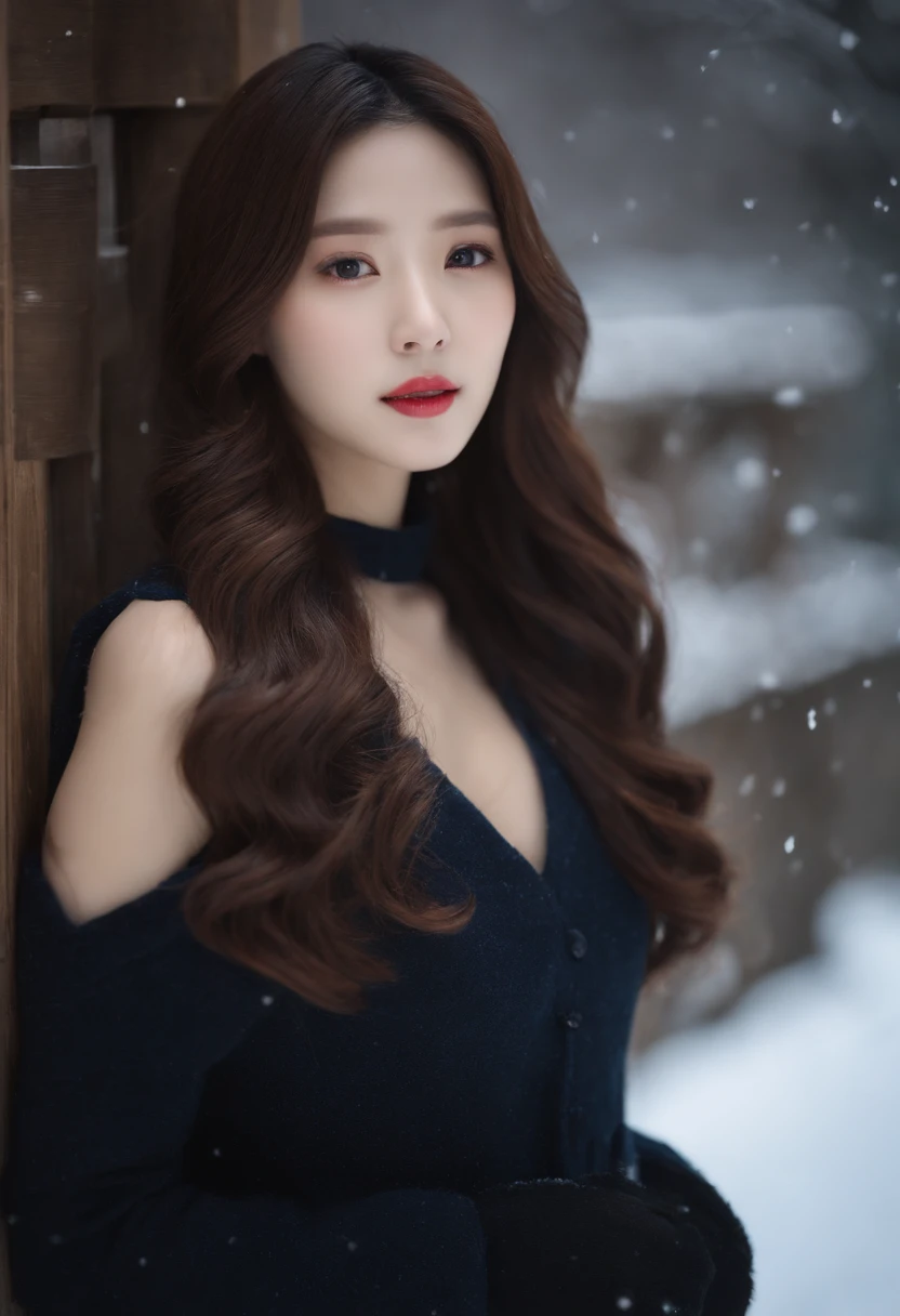 realistic photos of (1 cute Korean star) Shoulder-length hair, thin makeup, mediuml breasts, Wear a coat., in the snow, clear facial features, 8K High definition, sharp and realistic details.From the outside, Eye-Level Shot, F/4.0, 135 mm., Fujifilm, JPEG Artifacts, dithering, UHD, masterpiece