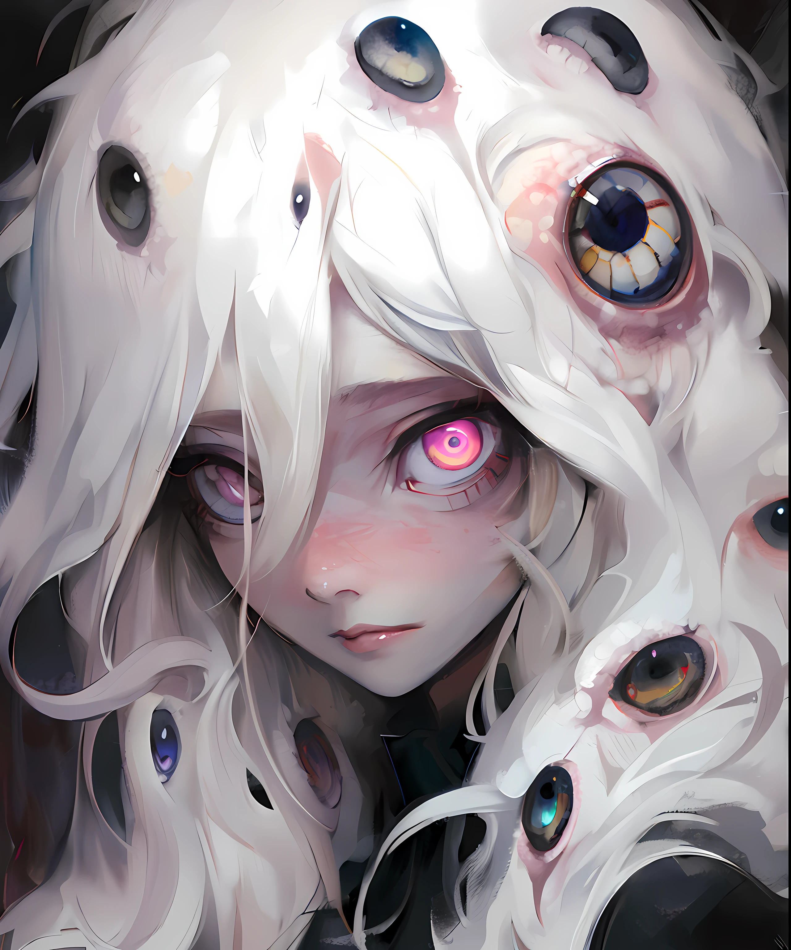 Hay una mujer con cabello negro y ojos rosados con cabello negro, Obras de arte al estilo de Guweiz, Guweiz, Arte detallado del anime digital, Guweiz en Pixiv Artstation, Guweiz en Artstation Pixiv, Chica con ojos blancos, Arte WLOP, WLOP |, Loish y Wlop, por Hikari Shimoda,ojos brillantes, pupilas circulares