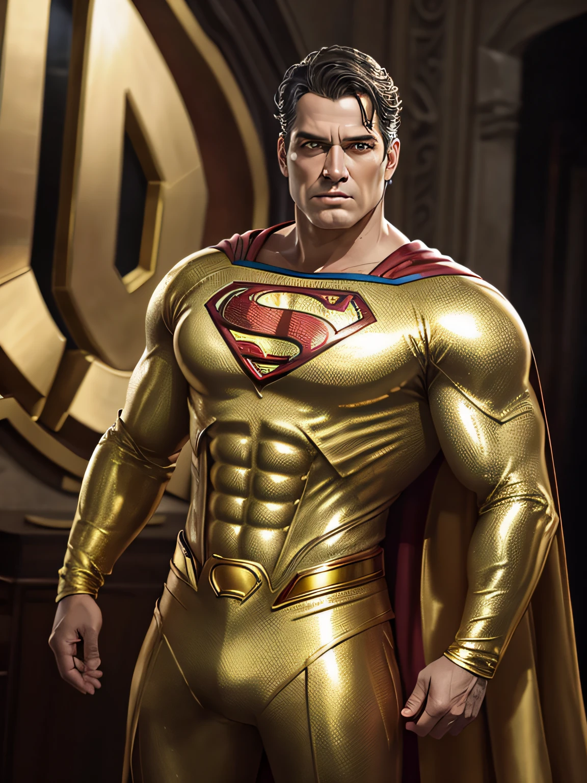[Superman com Traje Dourado], [Pintura digital], [Estilo realista], [Realismo Mariano], [Pixiv], [Detailed resolution to show the costume in gold], [Cores douradas luxuosas], [epic stark lighting], [Fisheye lens to create a sense of grandeur]