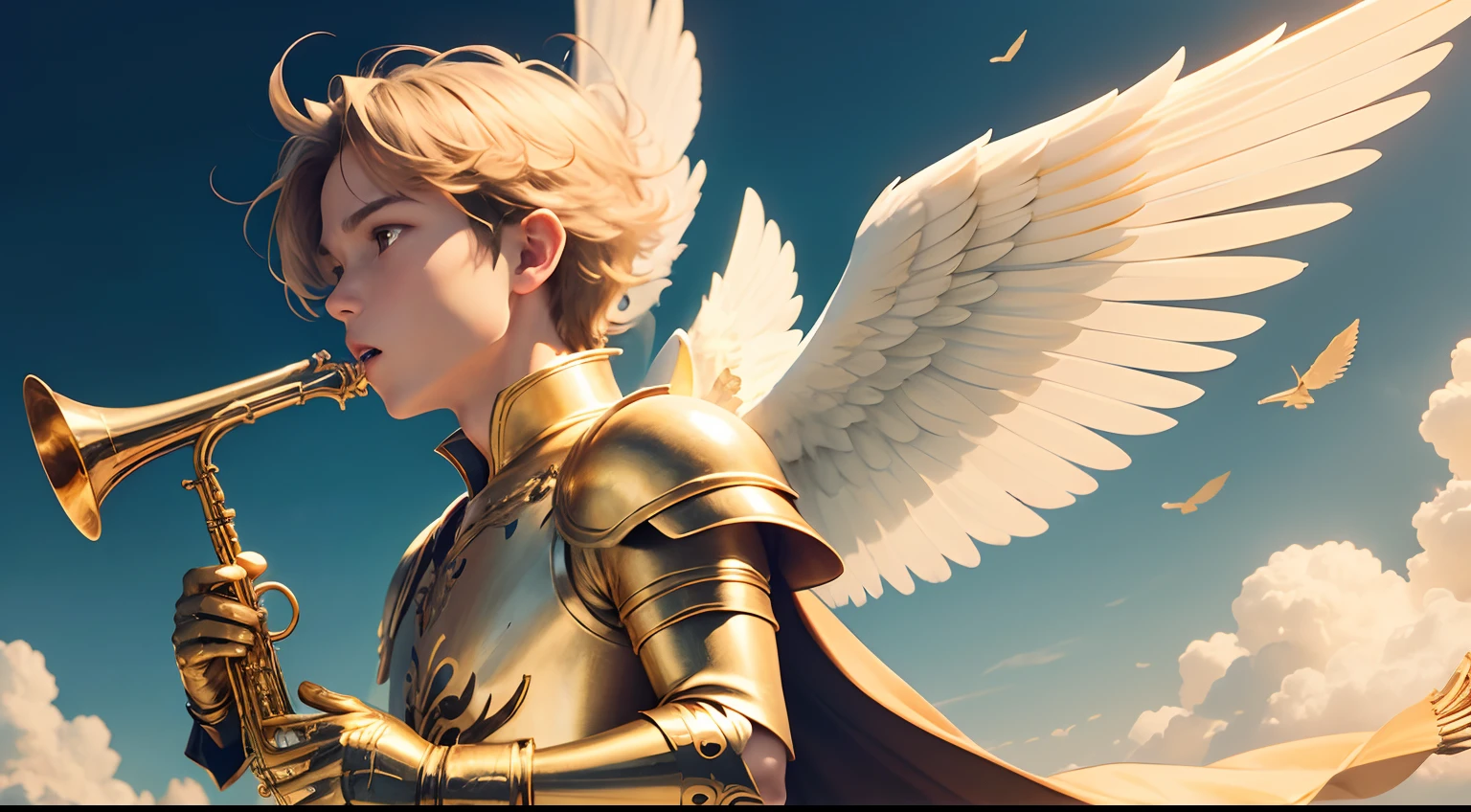 an angel wearing golden armor flying in the skies as he blows his trumpet;
