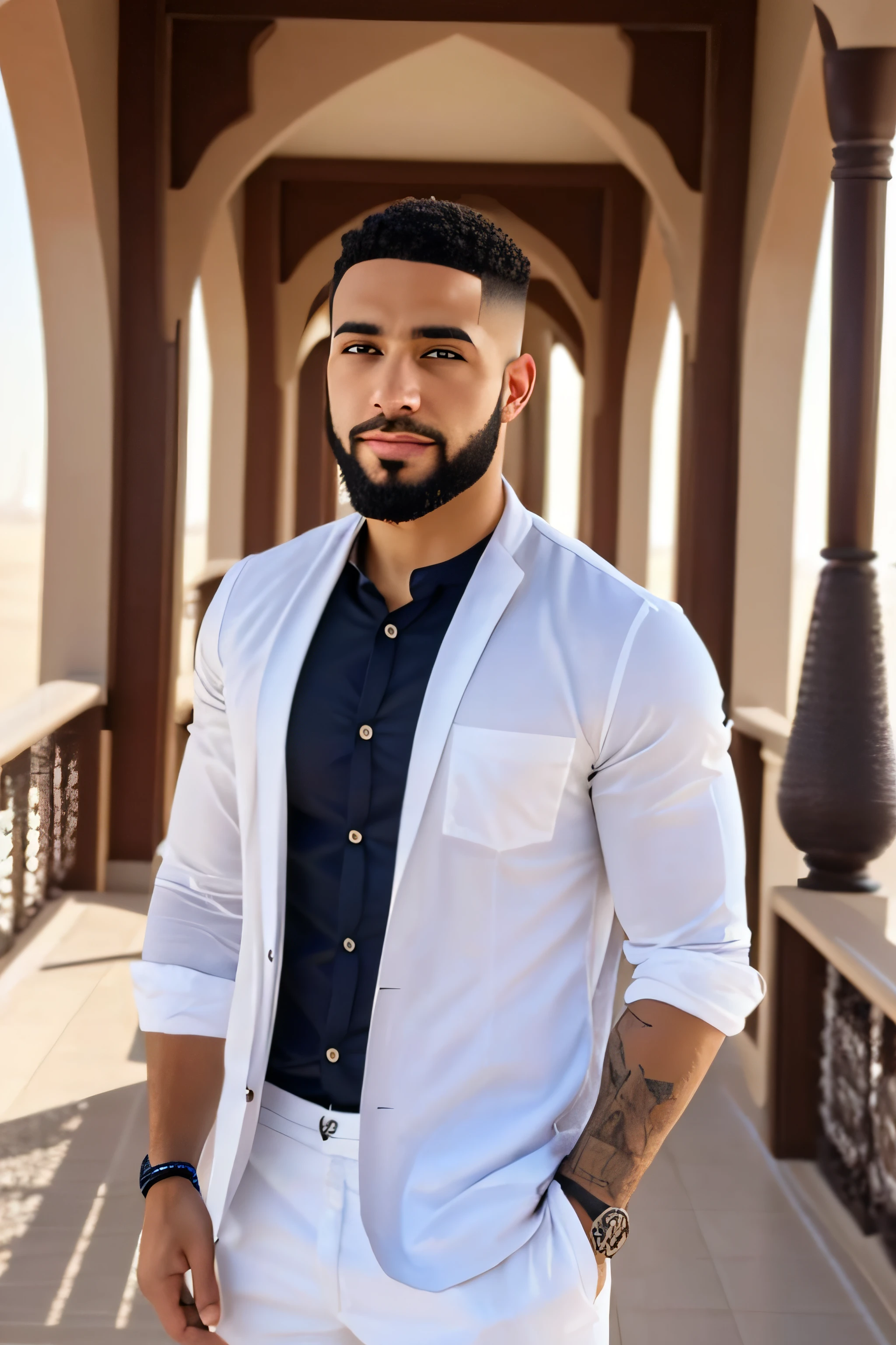 high quality handsome light skin mixed race man with a beard and short hair, visiting Dubai, looking at the camera