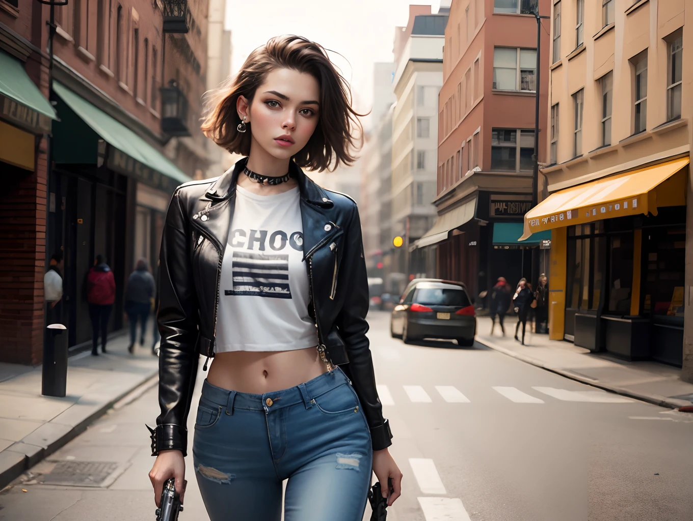 (masterpiece), best quality, high resolution, ultra-detailed, punk, skinny jeans, realistic, woman on the street with heavy gun