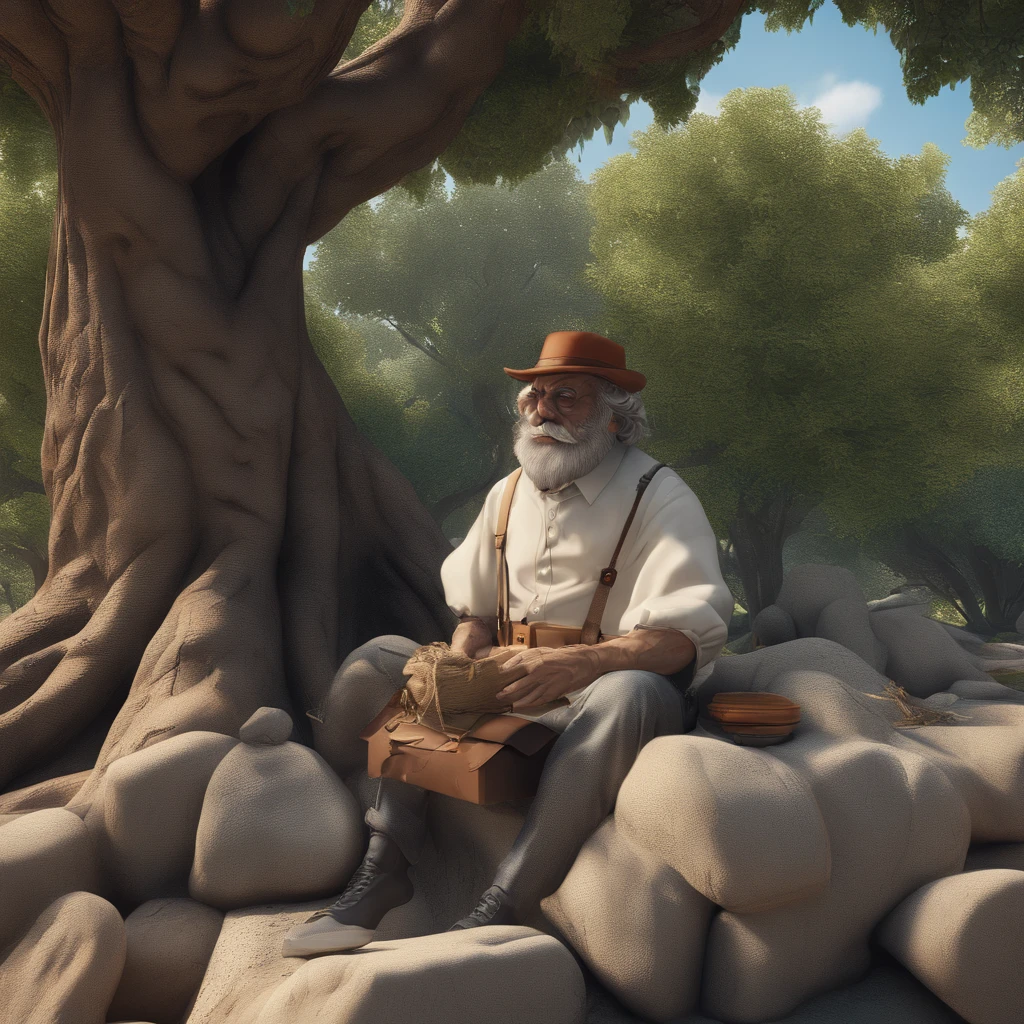 (best quality,4k,8k,highres,masterpiece:1.2),ultra-detailed,(realistic,photorealistic,photo-realistic:1.37),man holding bag of money under tree, oil painting, detailed facial features, crisp textures, vibrant colors, rich foliage, dramatic lighting, Harry Beckhoff style, 🚿 keys, 🗝️ notes, 📝 financial documents, shady tree, 🔞 clown, 🤡 theatrical atmosphere