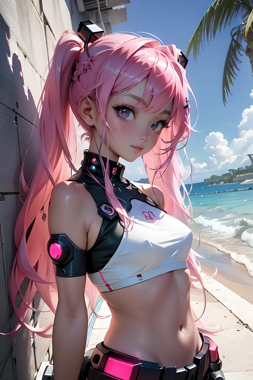 Beautiful woman pink twin tail long hair、cyberpunk style short clothes、gazing at viewer、front facing、A slight smil、sea side、Palm trees