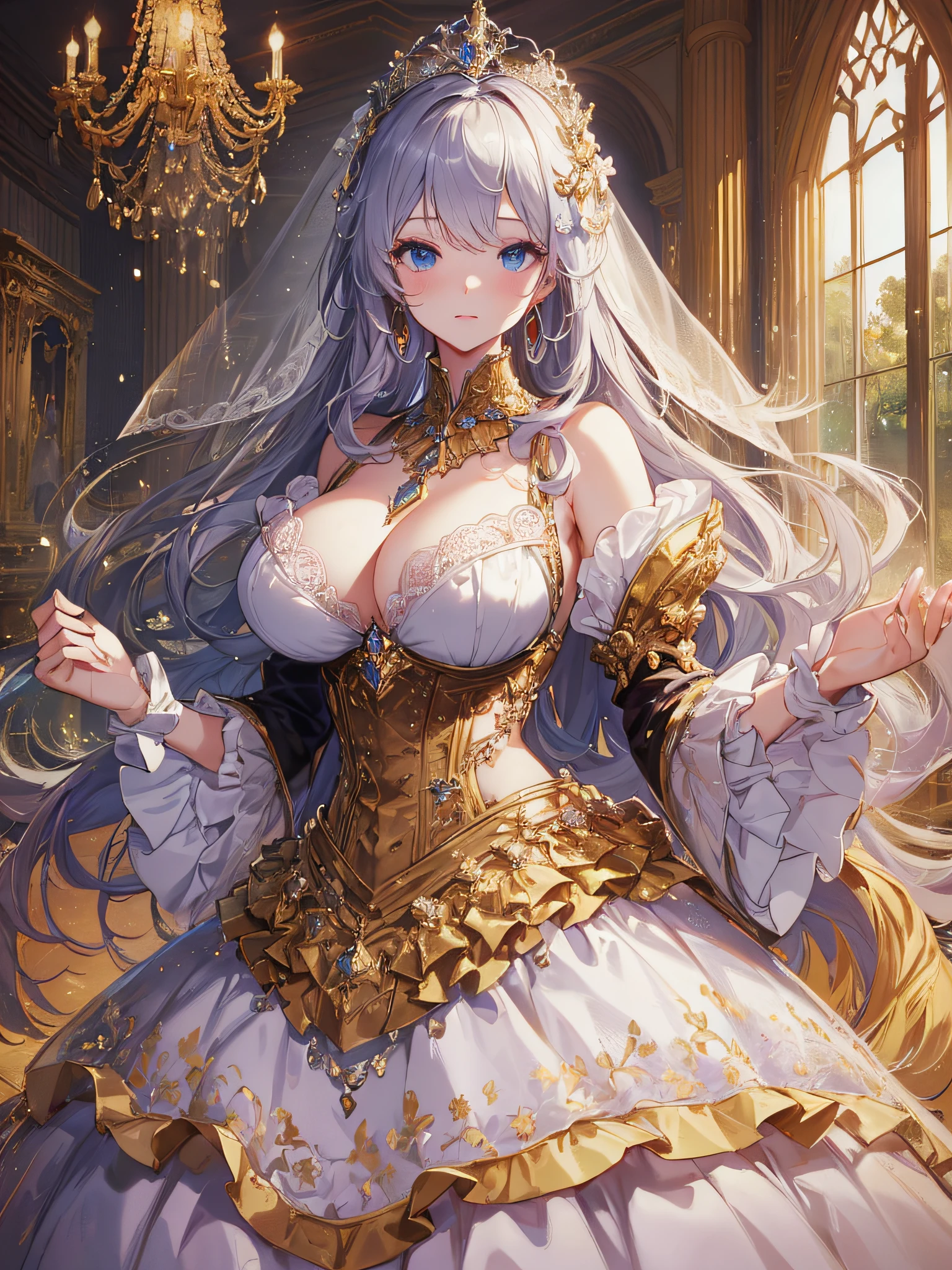 ((anime artstyle)),(Masterpiece),(Best Quality), (Super Detail),((Very Delicate and Beautiful)),cinematic lighting,1 girl,(((full body portrait))),standing in palace,((solo)),digital art,(((1 princess in gorgeous princess rococo ballgown with voluminous full length hoop skirt))),crinoline,long train,((beautiful embroidery and jeweled)),voluminous frills,See-through,(gorgeous embroidery and beautiful lace),(((gigantic tits,skindentation))),((large amount of straight hair,extremely voluminous Hair,Very Long Straight Hair)),((finely detailed face and eyes)),clear pupil,extremely gorgeousfull hair ornament,(bling-bling jeweled extremely gorgeousfull tiara),(bling-bling gorgeous gemstone jewelry),long veil,(beautiful background),full body,((gorgeous princess rococo ballgown with voluminous full length hoop skirt))