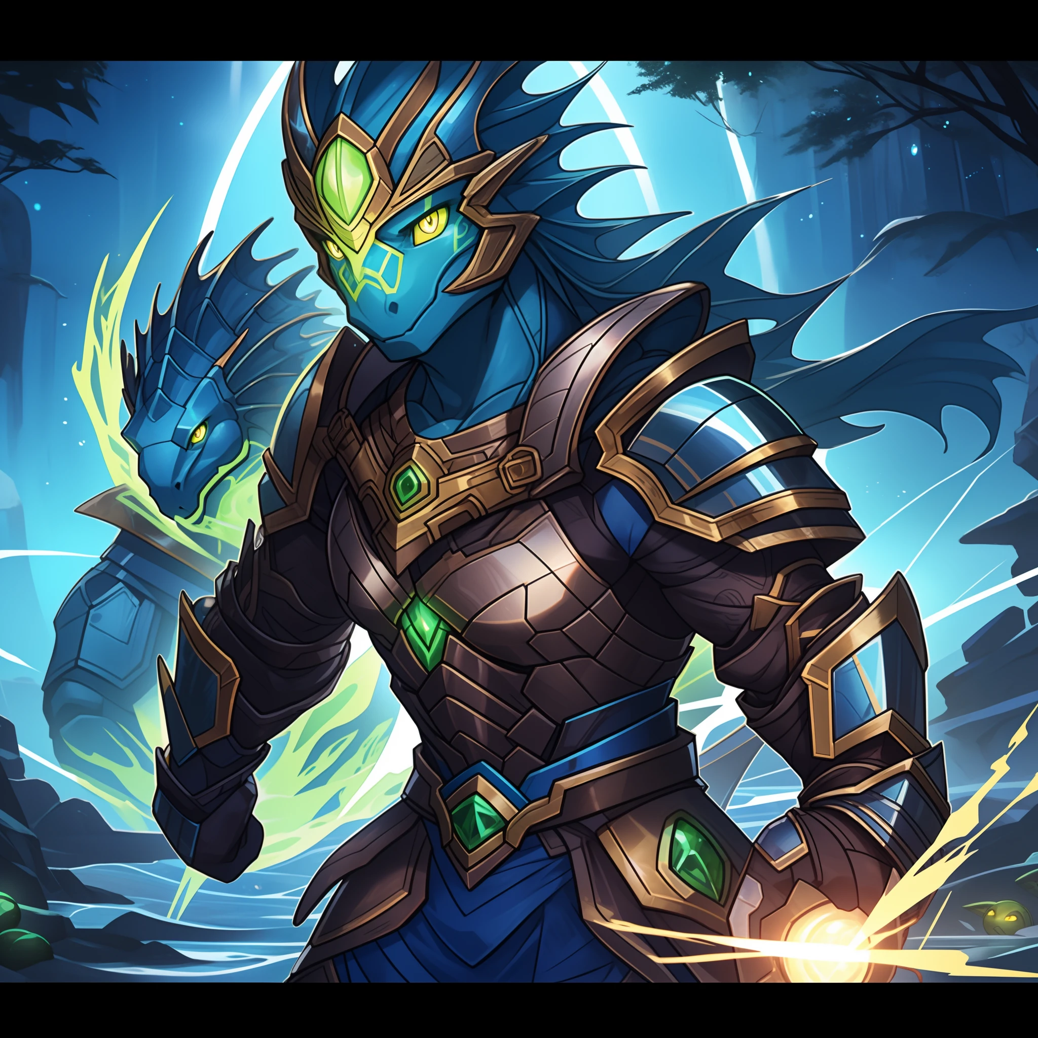Alien Seahorse, Luminescent bright green in color, glowing yellow eyes, blue and dark blue alien armor, glowing green orbs of energy, Masterpiece, Best Quality