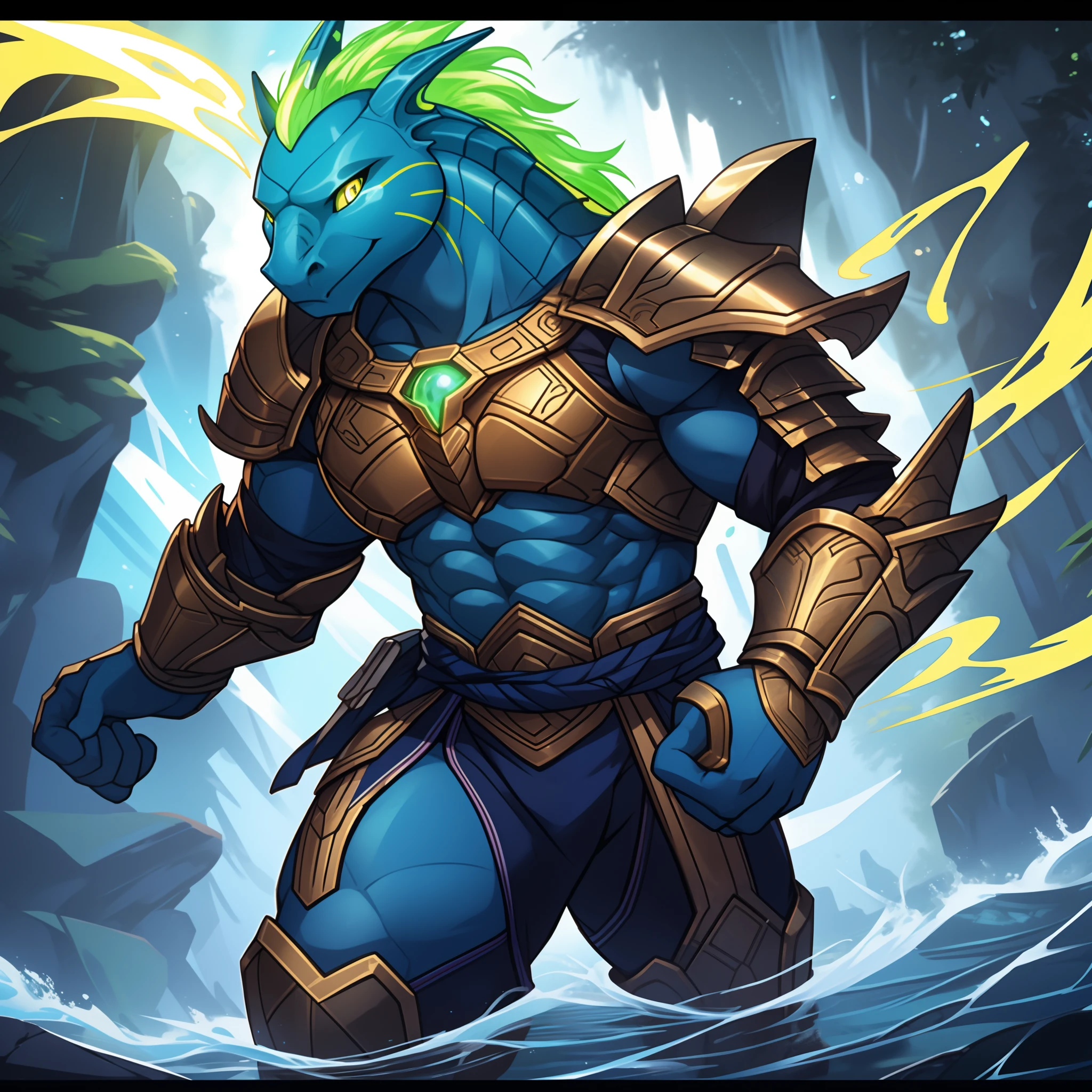 Alien Seahorse, Luminescent bright green in color, glowing yellow eyes, blue and dark blue alien armor, glowing green orbs of energy, Masterpiece, Best Quality