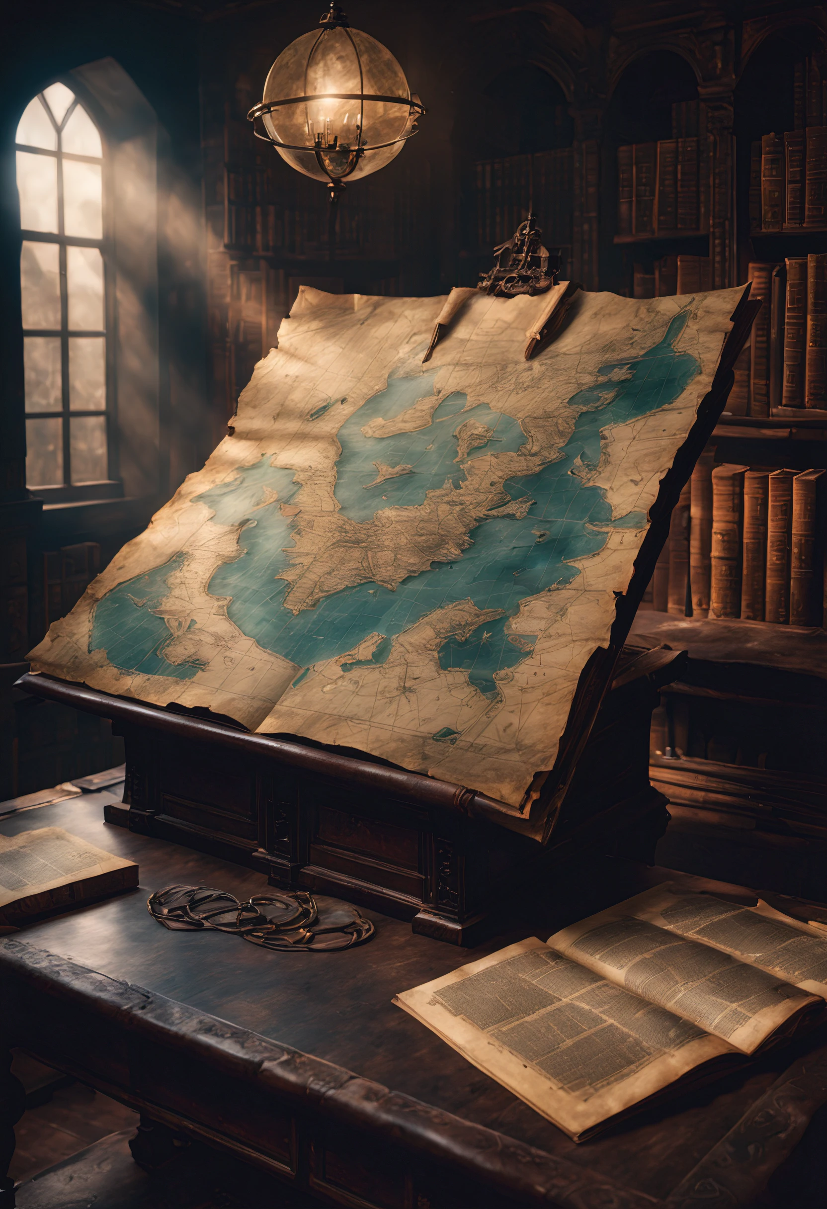 An ancient weathered map of (atlantis) sitting on a dusty black desk in a forgotten library, dramatic lighting, cobwebs, dark, gloomy, shadowy, high quality, imagination, 8k, fantasy art, high saturation (g1g3r)