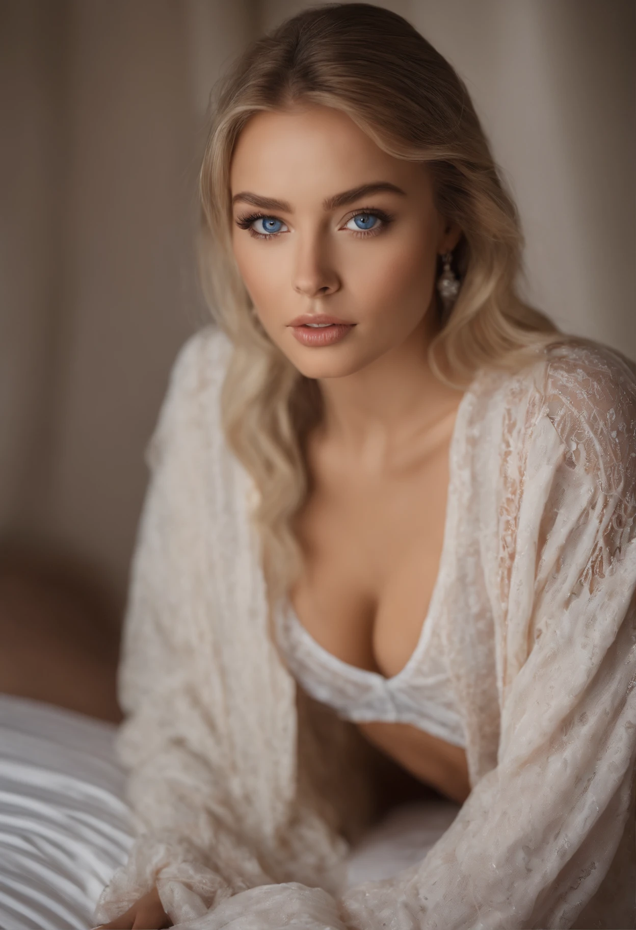 Arafed Full Woman, Sexy Girl with Blue Eyes, , Ultra Realistic, Meticulously Detailed, Portrait of Sophie Mudd, Blonde Hair and Big Eyes, Selfie of a Young Woman, Bedroom Eyes, Violet Myers, No Makeup, Natural Makeup, Looking Directly at the Camera, face artgram, subtle make-up, Impressive photo of the whole body kneeling on the bed, In the bedroom, Medium and large size chest, allowing the face to be seen clearly, portrait