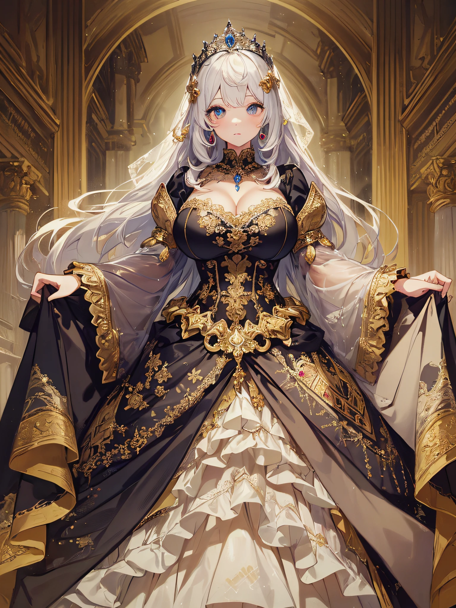 ((moe anime artstyle)),((Masterpiece)),(Best Quality),((Super Detail)),((Very Delicate and Beautiful)),((Solo)),full body,((full body portrait)),(((1 bling-bling Queen in beautiful embroidery and jeweled gorgeous rococo ballgown with voluminous full length crinoline hoop skirt))),(((((absurdly gigantic tits))))),(((cleavage))),Skindentation,(detailed face and eyes),jewel-like eyes,((crinoline,long train,beautiful embroidery and lace)),super detailed voluminous gorgeous rococo ballgown with voluminous full length crinoline hoop skirt,((bling-bling voluminous gorgeous rococo princess ballgown with beautiful embroidery and jeweled)),((Very Long Straight Hair,large amount of straight hair, absurdly long Straight hair)),extremely gorgeousfull hair ornament,((extremely gorgeous jeweled big tiara)),luxurious jewelry,((beautiful embroidery and jeweled gorgeous rococo ballgown with voluminous full length crinoline hoop skirt)),full body,(fantasy castle,throne room)