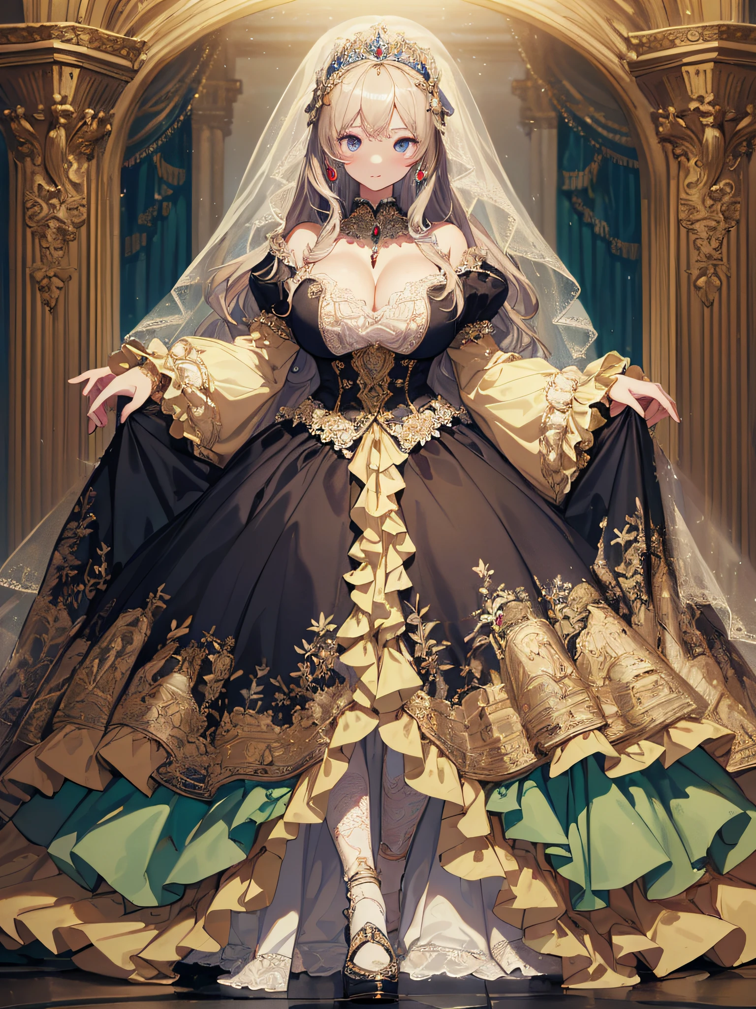 ((anime artstyle)),(Masterpiece),(Best Quality), (Super Detail),((Very Delicate and Beautiful)),cinematic lighting,1 girl,(((full body portrait))),standing in palace,((solo)),digital art,(((1 princess in gorgeous princess rococo ballgown with voluminous full length hoop skirt))),crinoline,long train,((beautiful embroidery and jeweled)),voluminous frills,See-through,(gorgeous embroidery and beautiful lace),(((gigantic tits,skindentation))),((large amount of straight hair,extremely voluminous Hair,Very Long Straight Hair)),((finely detailed face and eyes)),clear pupil,extremely gorgeousfull hair ornament,(bling-bling jeweled extremely gorgeousfull tiara),(bling-bling gorgeous gemstone jewelry),long veil,(beautiful background),full body,((gorgeous princess rococo ballgown with voluminous full length hoop skirt))