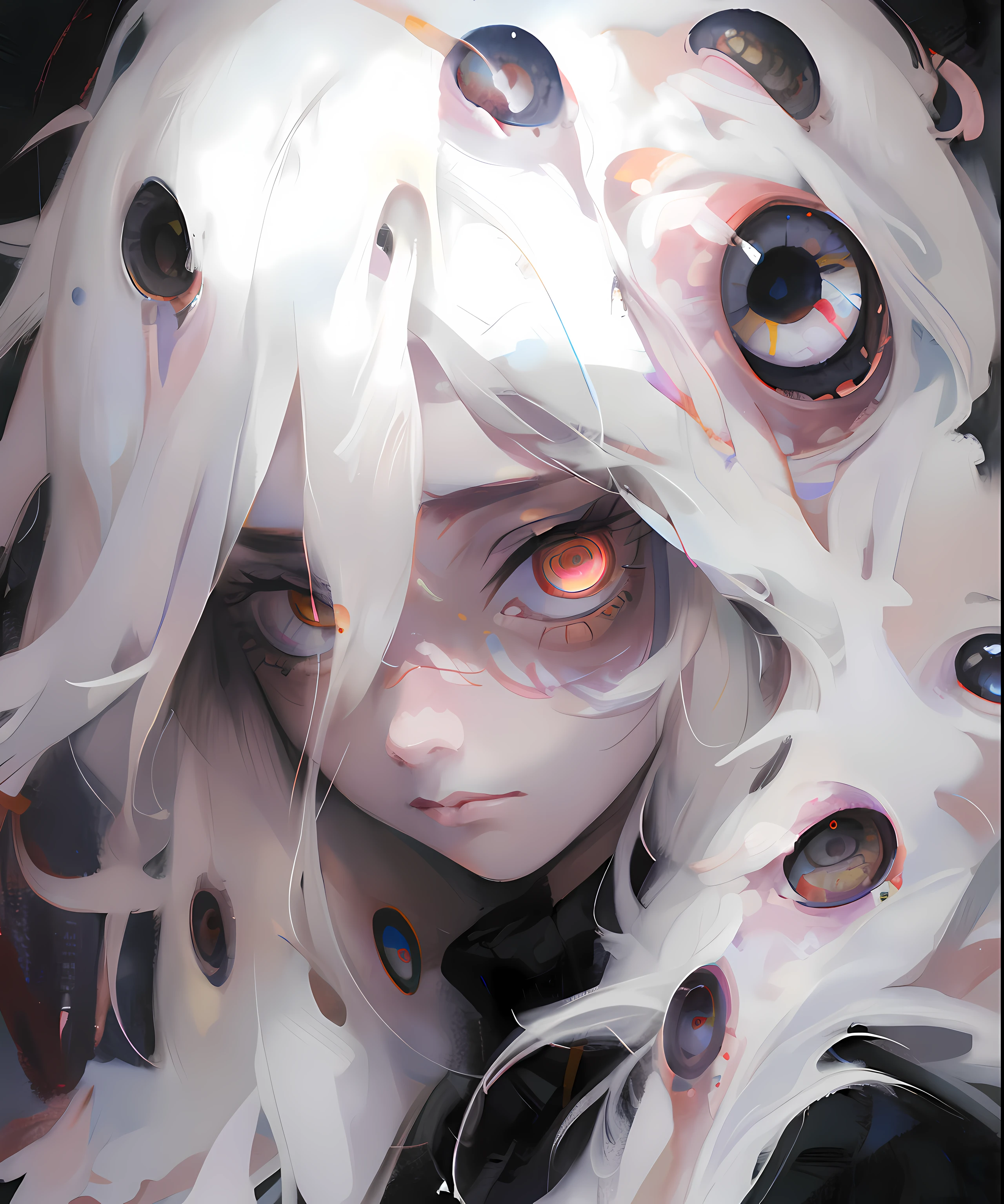 Hay una mujer con cabello negro y ojos rosados con cabello negro, Obras de arte al estilo de Guweiz, Guweiz, Arte detallado del anime digital, Guweiz en Pixiv Artstation, Guweiz en Artstation Pixiv, Chica con ojos blancos, Arte WLOP, WLOP |, Loish y Wlop, por Hikari Shimoda,ojos brillantes, pupilas circulares,