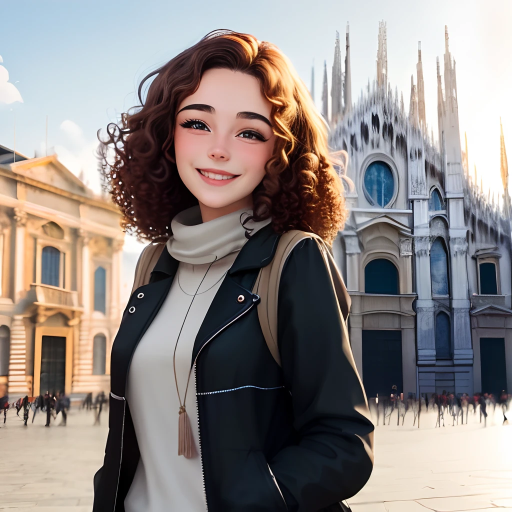 An Italian girl with brown hair and curly hair is smiling confidently in front of the Duomo of Milan