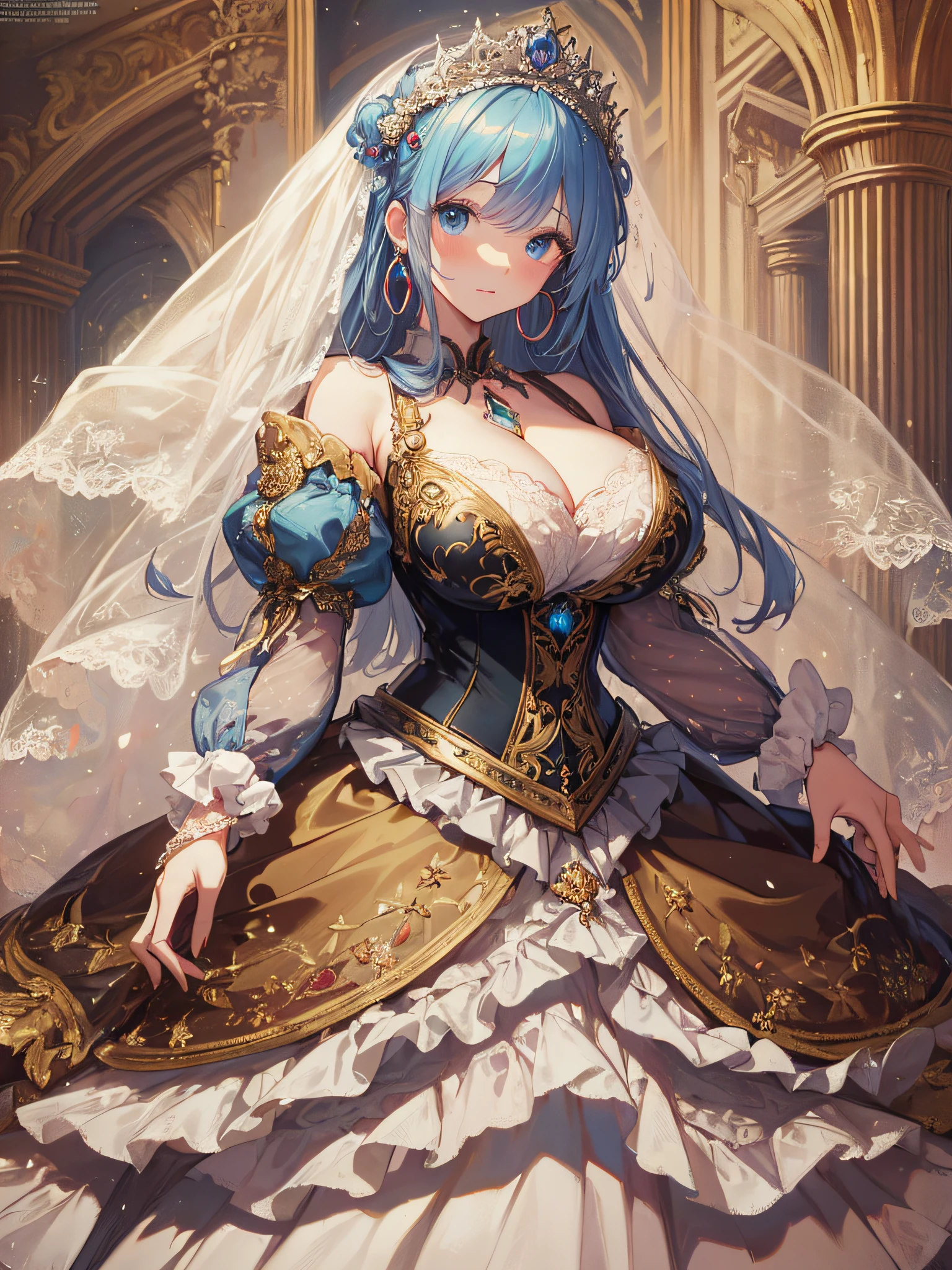 ((anime artstyle)),(Masterpiece),(Best Quality), (Super Detail),((Very Delicate and Beautiful)),cinematic lighting,1 girl,(((full body portrait))),standing in palace,((solo)),digital art,(((1 princess in gorgeous princess rococo ballgown with voluminous full length hoop skirt))),crinoline,long train,((beautiful embroidery and jeweled)),voluminous frills,See-through,(gorgeous embroidery and beautiful lace),(((gigantic tits,skindentation))),((large amount of straight hair,extremely voluminous Hair,Very Long Straight Hair)),((finely detailed face and eyes)),clear pupil,extremely gorgeousfull hair ornament,(bling-bling jeweled extremely gorgeousfull tiara),(bling-bling gorgeous gemstone jewelry),long veil,(beautiful background),full body,((gorgeous princess rococo ballgown with voluminous full length hoop skirt))