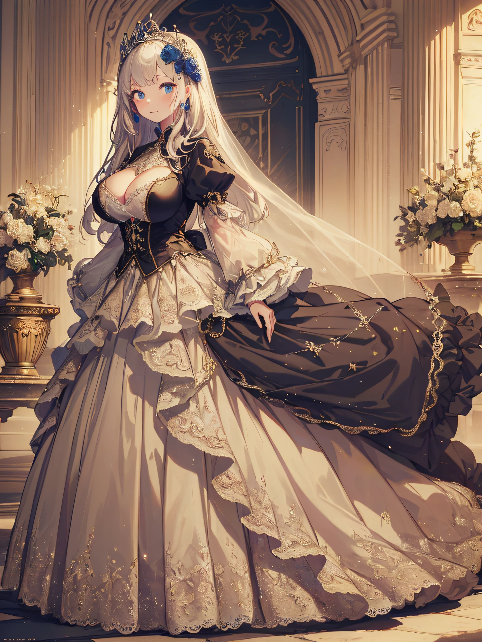 ((anime artstyle)),(Masterpiece),(Best Quality), (Super Detail),((Very Delicate and Beautiful)),cinematic lighting,1 girl,(((full body portrait))),standing in palace,((solo)),digital art,(((1 princess in gorgeous princess rococo ballgown with voluminous full length hoop skirt))),crinoline,long train,((beautiful embroidery and jeweled)),voluminous frills,See-through,(gorgeous embroidery and beautiful lace),(((gigantic tits,skindentation))),((large amount of straight hair,extremely voluminous Hair,Very Long Straight Hair)),((finely detailed face and eyes)),clear pupil,extremely gorgeousfull hair ornament,(bling-bling jeweled extremely gorgeousfull tiara),(bling-bling gorgeous gemstone jewelry),long veil,(beautiful background),full body,((gorgeous princess rococo ballgown with voluminous full length hoop skirt))
