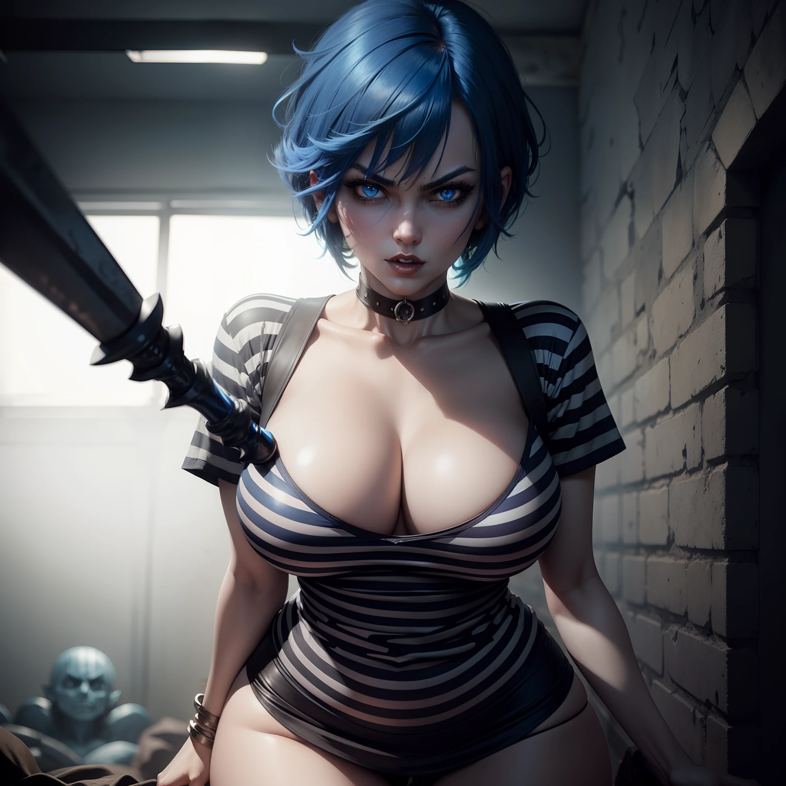 Blue haired angry succubus wearing a t shirt, large breasts, dagger in hand, looking at viewer, in a dungeon, short hair, wearing black and white striped shirt