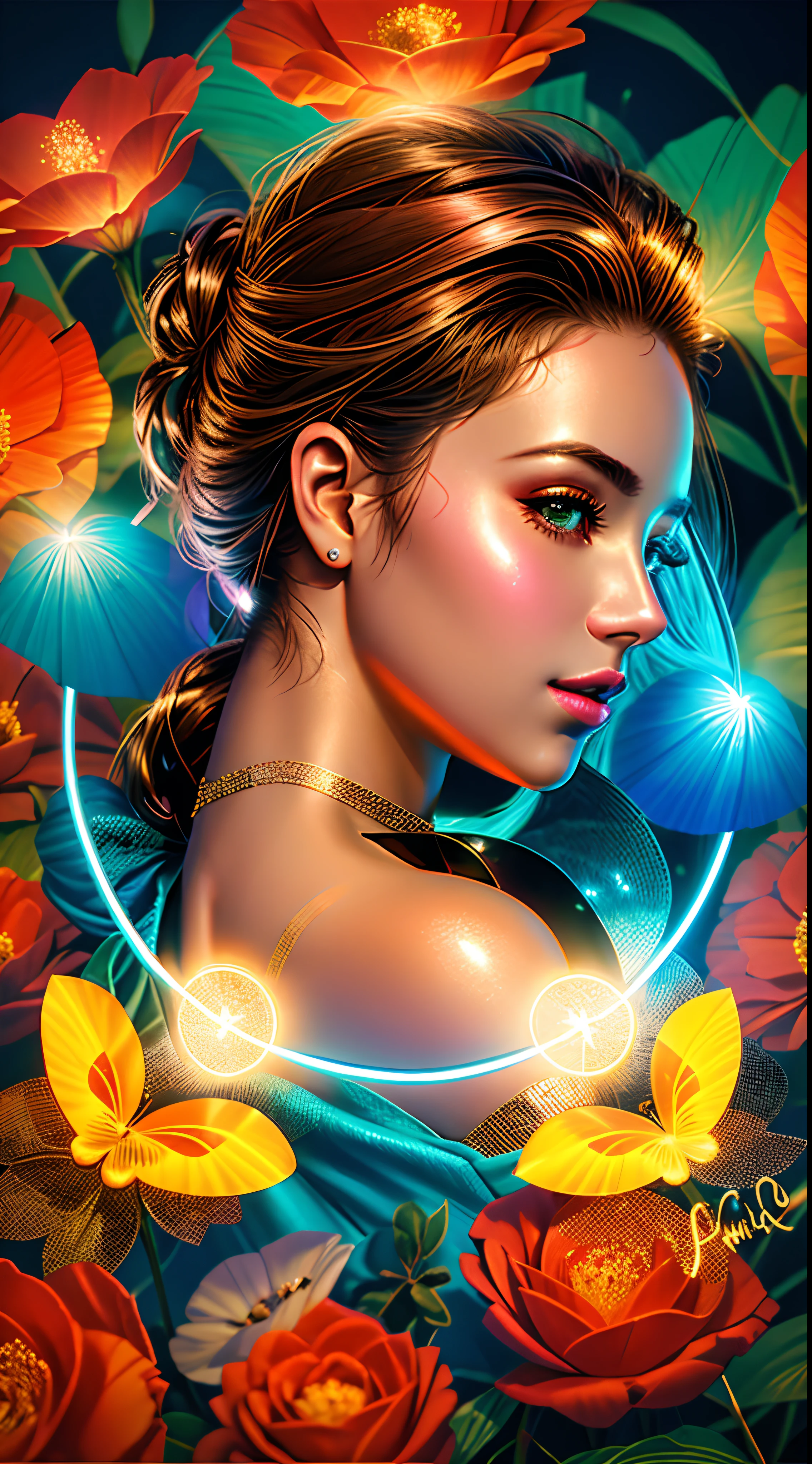 There is a woman with a shiny halo around her neck, efeito de luz de contorno!! 8 mil, Efeito de Luz. Feminino, retrato da menina de glowwave, airbrush digital art, glamour da cor do retrato, com pontos noturnos de neon, shiny neon skin, Neon circles, efeito brilhante, Efeito de Luz. fantasia moderna, intrincadas joias led, feito com photoshop, arte digital, arte digital, rosto brilhante