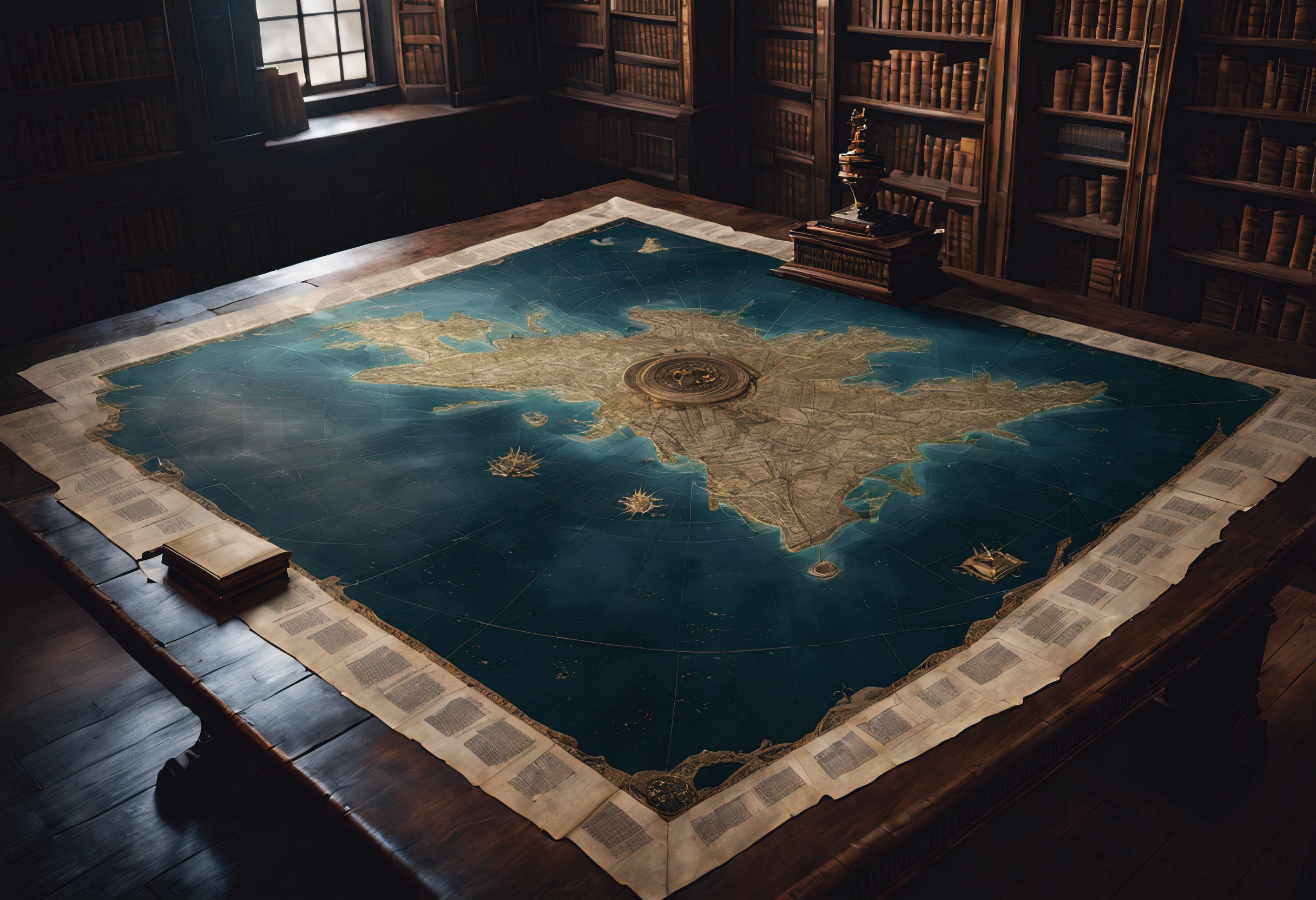 An ancient weathered map of (atlantis) sitting on a dusty black desk in a forgotten library, cobwebs, dramatic, dark, gloomy, shadowy, high quality, imagination, 8k, fantasy art, high saturation (g1g3r)