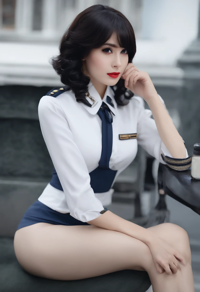 JK Navy Blue Uniform Skirt,Light blue lace bra,A dark-haired,Black Hair Bob Cut,Breast D Cup,A slender,slender,thick eyebrows,natural make up,droolng,thrust out one's hip,Vulgar face,Drooping tongue,Flip the skirt,view front,Bedside,