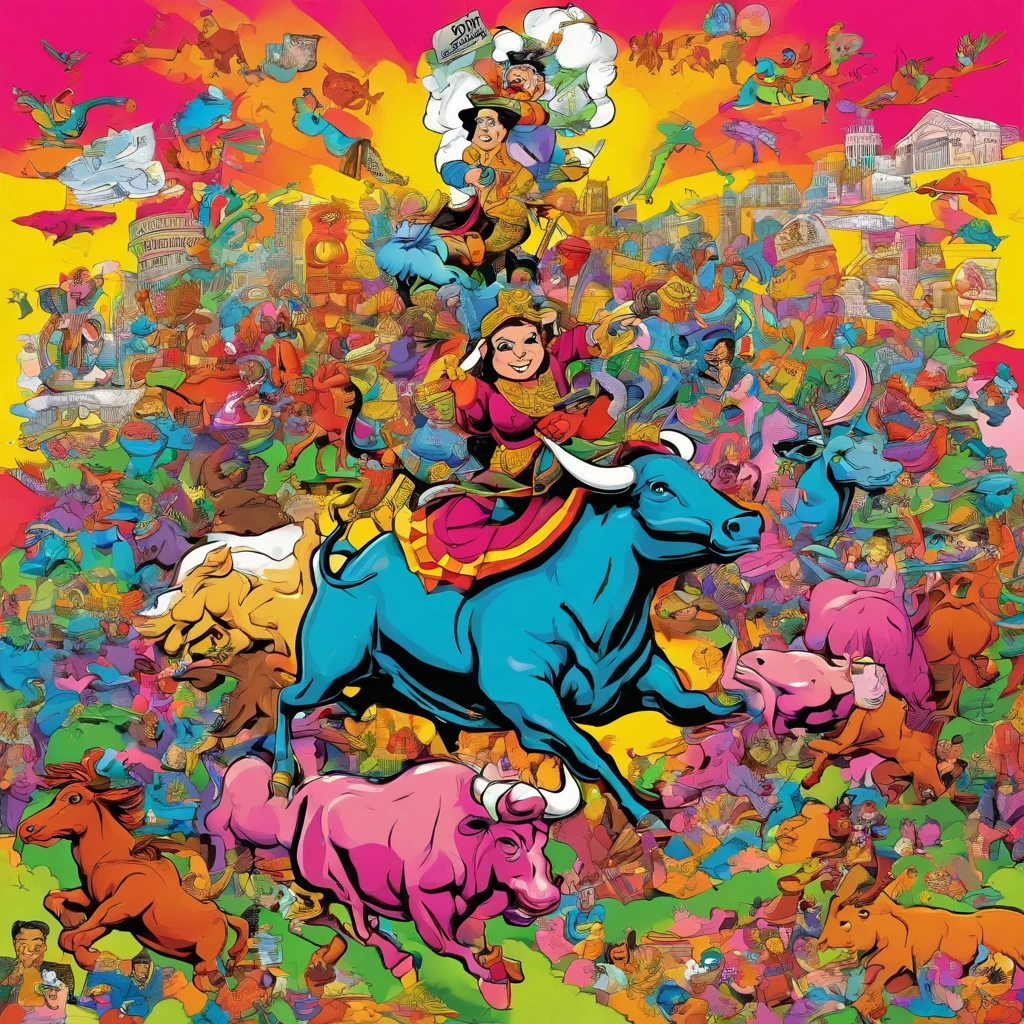 cartoon characters riding on a bull with money and a man, inspired by Ron English, hyper bullish, vibrant cartoon art, cartoon painting, wall street, contemporary art, albert uderzo, cartoon from the 90's, by Ron English, r / art, r/art, r /art, by Akira Toriyama, by Tony Sart, rare