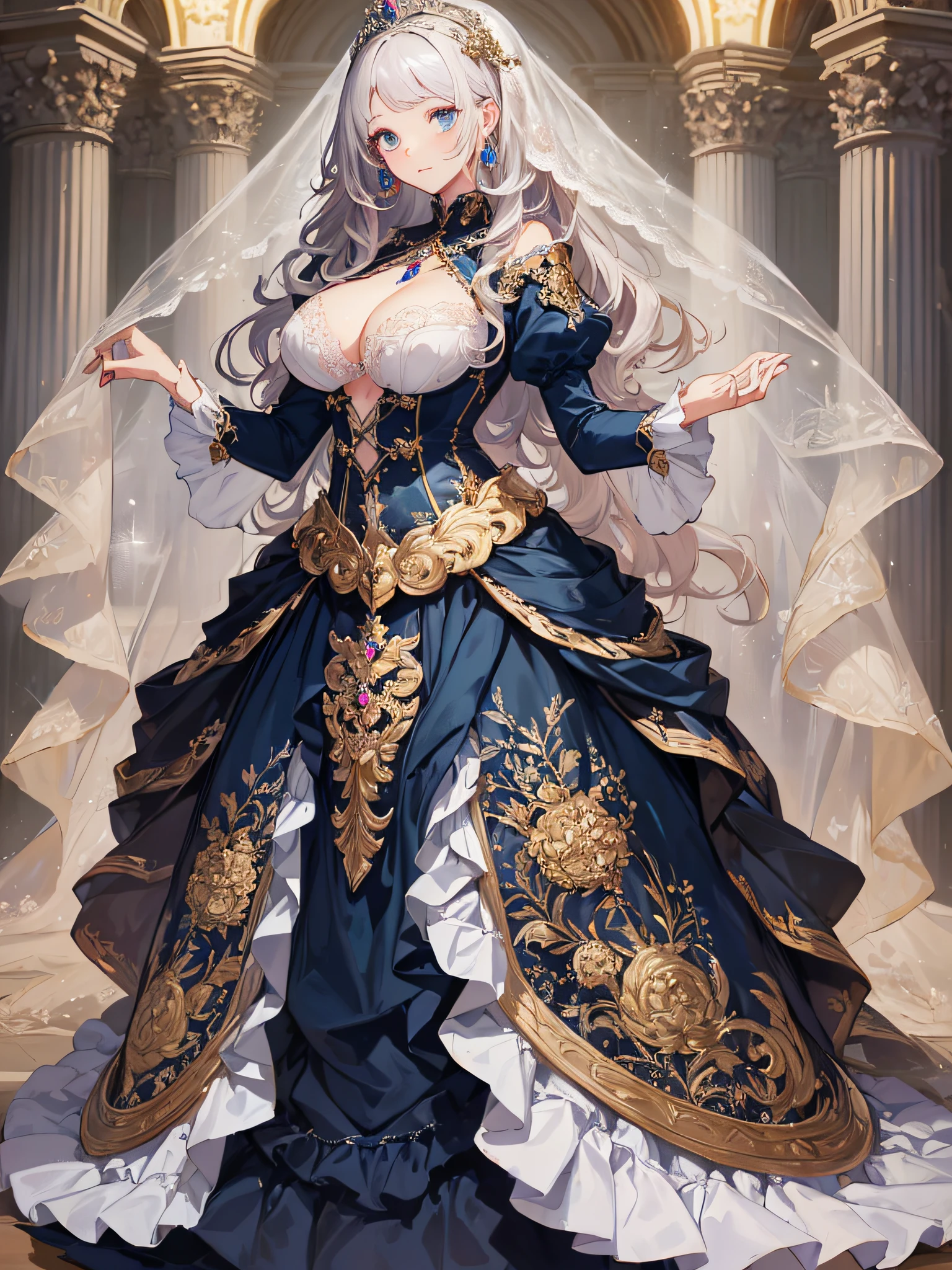 ((anime artstyle)),(Masterpiece),(Best Quality), (Super Detail),((Very Delicate and Beautiful)),cinematic lighting,1 girl,(((full body portrait))),standing in palace,((solo)),digital art,(((1 princess in gorgeous princess rococo ballgown with voluminous full length hoop skirt))),crinoline,long train,((beautiful embroidery and jeweled)),voluminous frills,See-through,(gorgeous embroidery and beautiful lace),(((gigantic tits,skindentation))),((large amount of straight hair,extremely voluminous Hair,Very Long Straight Hair)),((finely detailed face and eyes)),clear pupil,extremely gorgeousfull hair ornament,(bling-bling jeweled extremely gorgeousfull tiara),(bling-bling gorgeous gemstone jewelry),long veil,(beautiful background),full body,((gorgeous princess rococo ballgown with voluminous full length hoop skirt))