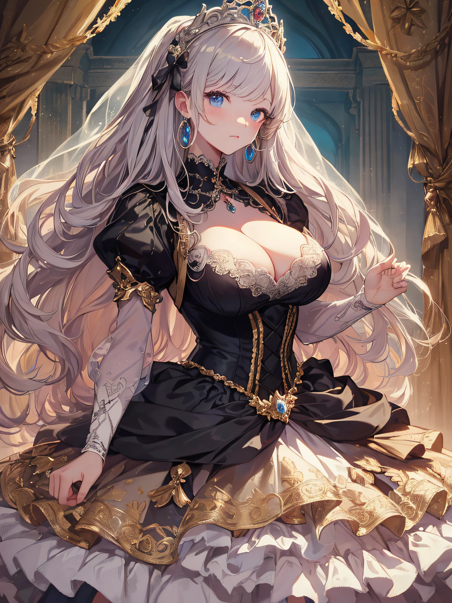 ((anime artstyle)),(Masterpiece),(Best Quality), (Super Detail),((Very Delicate and Beautiful)),cinematic lighting,1 girl,(((full body portrait))),standing in palace,((solo)),digital art,(((1 princess in gorgeous princess rococo ballgown with voluminous full length hoop skirt))),crinoline,long train,((beautiful embroidery and jeweled)),voluminous frills,See-through,(gorgeous embroidery and beautiful lace),(((gigantic tits,skindentation))),((large amount of straight hair,extremely voluminous Hair,Very Long Straight Hair)),((finely detailed face and eyes)),clear pupil,extremely gorgeousfull hair ornament,(bling-bling jeweled extremely gorgeousfull tiara),(bling-bling gorgeous gemstone jewelry),long veil,(beautiful background),full body,((gorgeous princess rococo ballgown with voluminous full length hoop skirt))