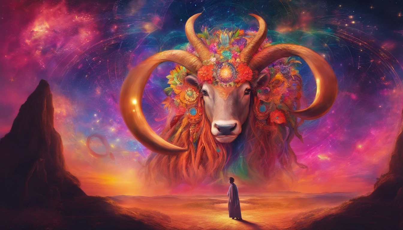 a man represents the sign of taurus, with figure of the zodiacal wheel behind him, colorful lights, high quality, perfect face, full body