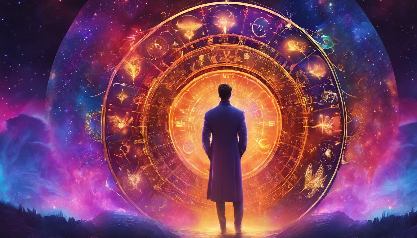 a man represents the sign of taurus, with figure of the zodiacal wheel behind him, colorful lights, high quality, perfect face, full body