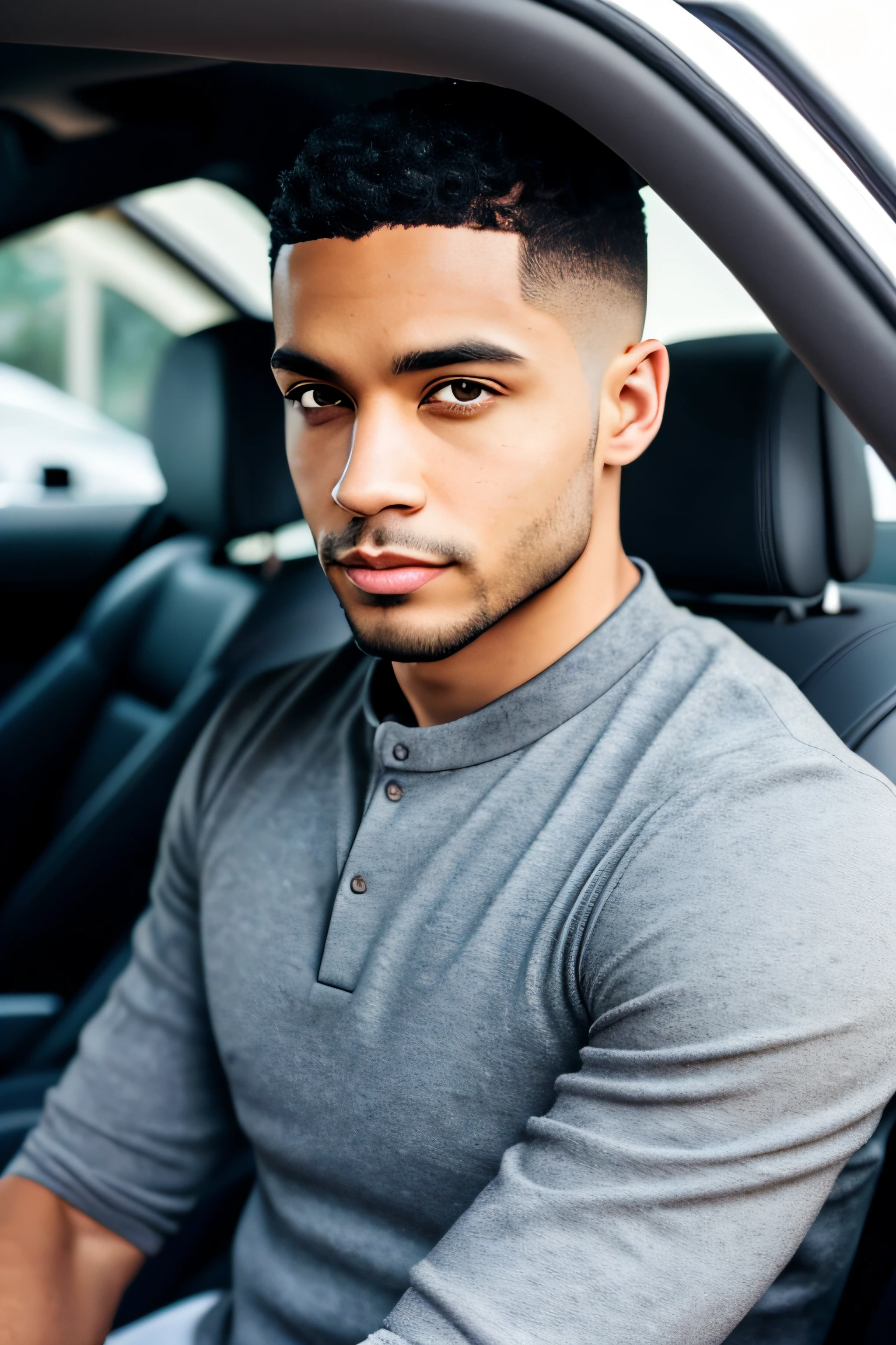 high quality handsome light skin mixed race man with short hair, in an Audi car, looking at the camera