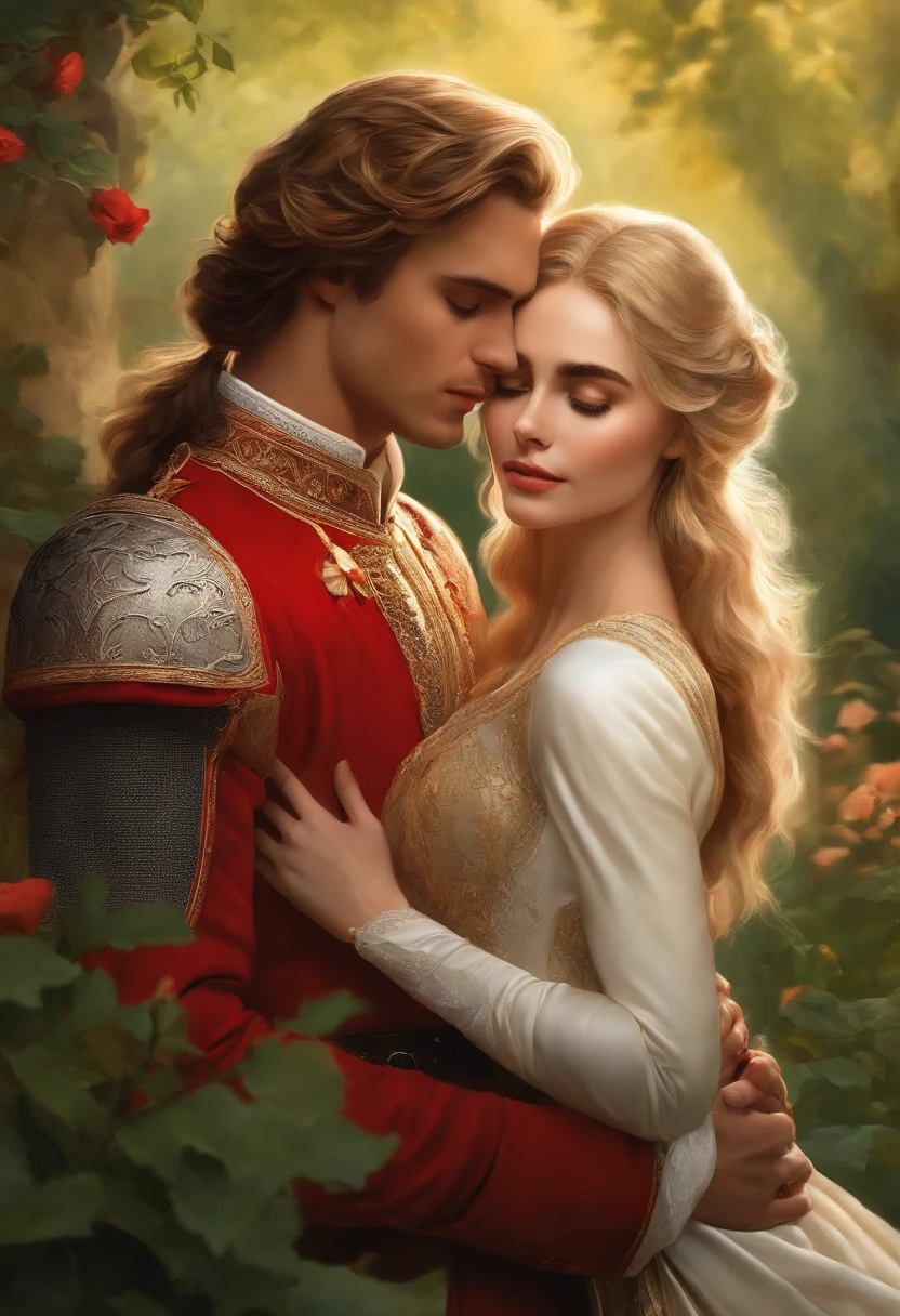 Couple kisses a house and a woman with much affection, the man Neels Visser is a prince who has golden blonde hair, wears a medieval military outfit and is in love with the commoner woman Lily Collins, who has dark curly black hair and wears a red dress, illustration of a novel book cover with a detail, smooth, shiny background full of ivy-covered flowers and red roses, castle, ornate dress standing on a bed of roses, edge light, dynamic lighting, ethereal lighting, ultra detail, concept art, elegant, surreal, art by Lisa Aisato, Greg Hildebrandt, Citemer Liu, Stjepan Sejic, Samyang, Aykut Aydogdu, Justin Gerard, Alphonse Mucha, Artgerm, WLOP and Greg Rutkowski