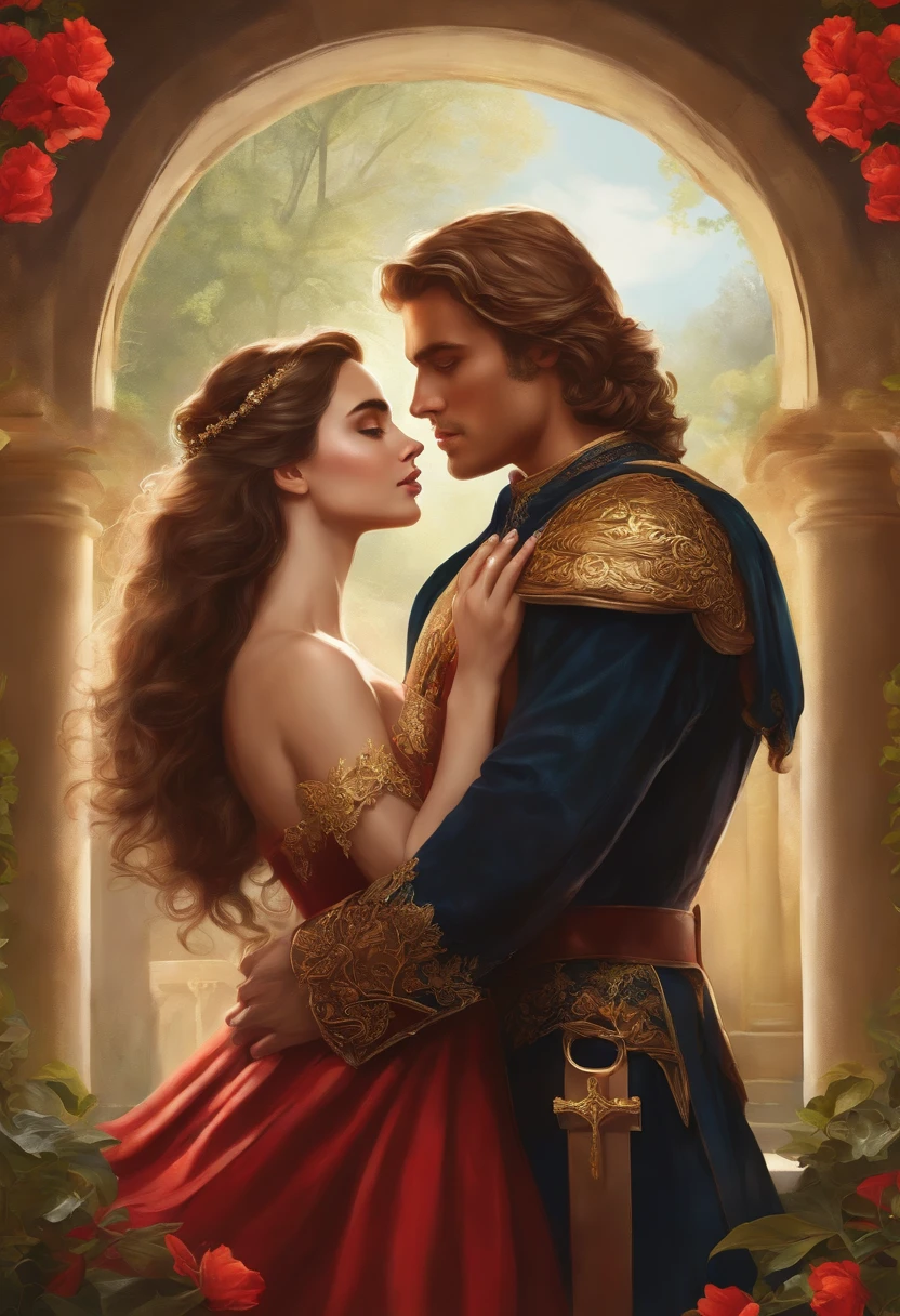 Lily Collins, who has curly black hair, wears a medieval dress. the Neels Visser wears a medieval military outfit and has blonde hair. The couple is waltzing in the ballroom. The illustration is like a book cover with a detailed, bright, illuminated, ultra detailed background, conceptual art, elegant, Artgerm art