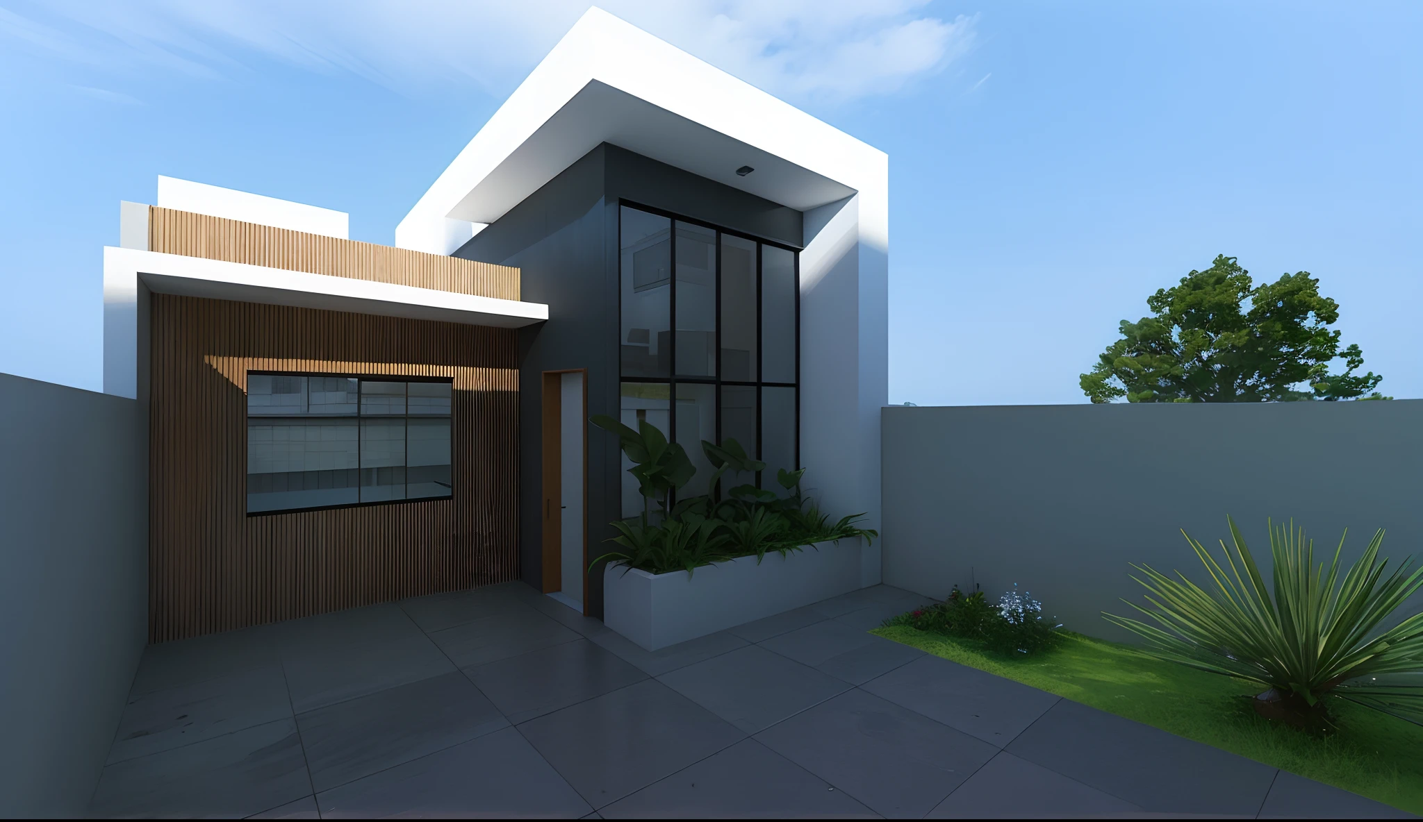 Torne o render ultra realista. Grama mais alta, heaven, janelas, pisos, parte externa ao muro. Redo the natural lighting.