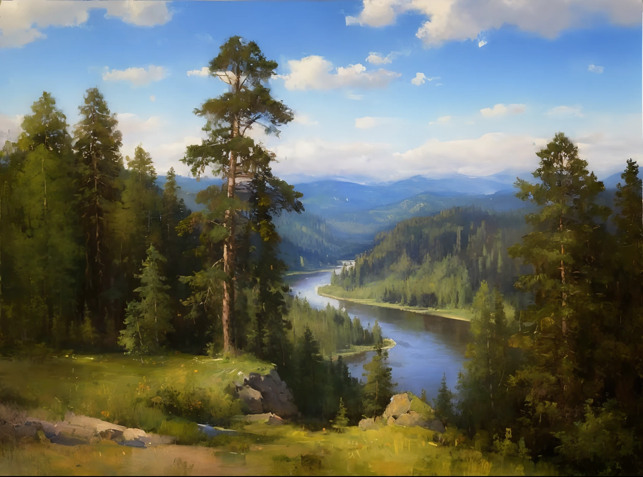Picture of a river in a forest with a mountain in the background, russian landscape, Painting by Ivan Shishkin, by Konstantin Vasilyev, Shishkin, Ivan Shishkin's style, by Fyodor Rokotov, Ivan Shishkin, by Andrei Ryabushkin, inspired by Konstantin Vasilyev, Taiga landscape