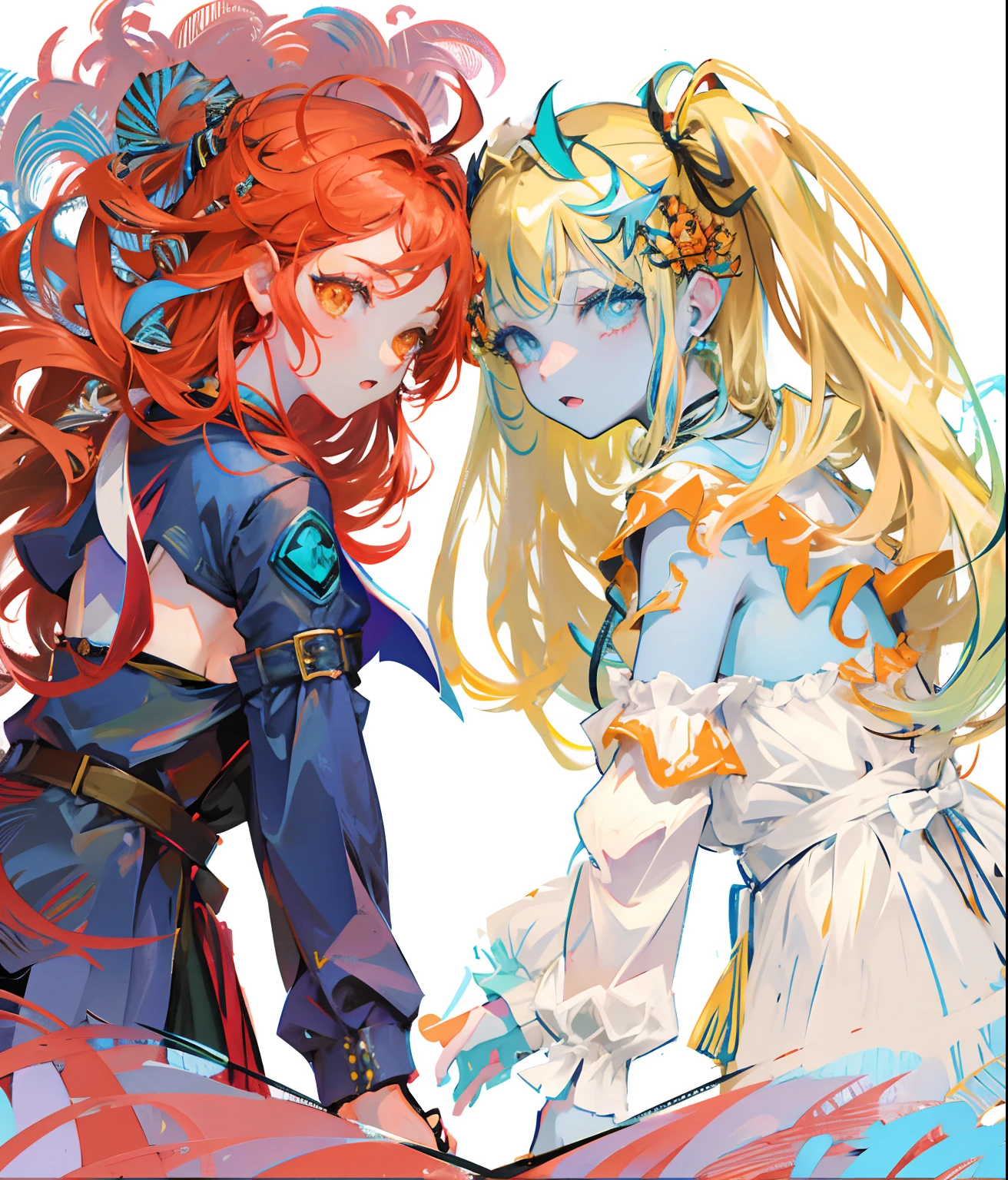 there are two women that are hugging each other, jazza and rossdraws, coloured lineart, loish, wlop,  and clamp style, colored lineart, dnd fantsay art, detailed fanart, coloured line art, coloured in blueberra and orange, anime in fantasy style, fully colored, colored sketch, artgerm and lois van baarle, beautiful gemini good and evil