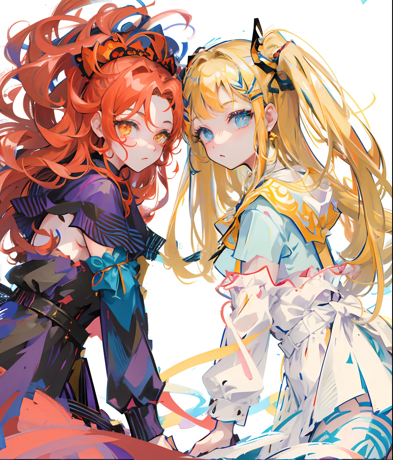 there are two women that are hugging each other, jazza and rossdraws, coloured lineart, loish, wlop,  and clamp style, colored lineart, dnd fantsay art, detailed fanart, coloured line art, coloured in blueberra and orange, anime in fantasy style, fully colored, colored sketch, artgerm and lois van baarle, beautiful gemini good and evil